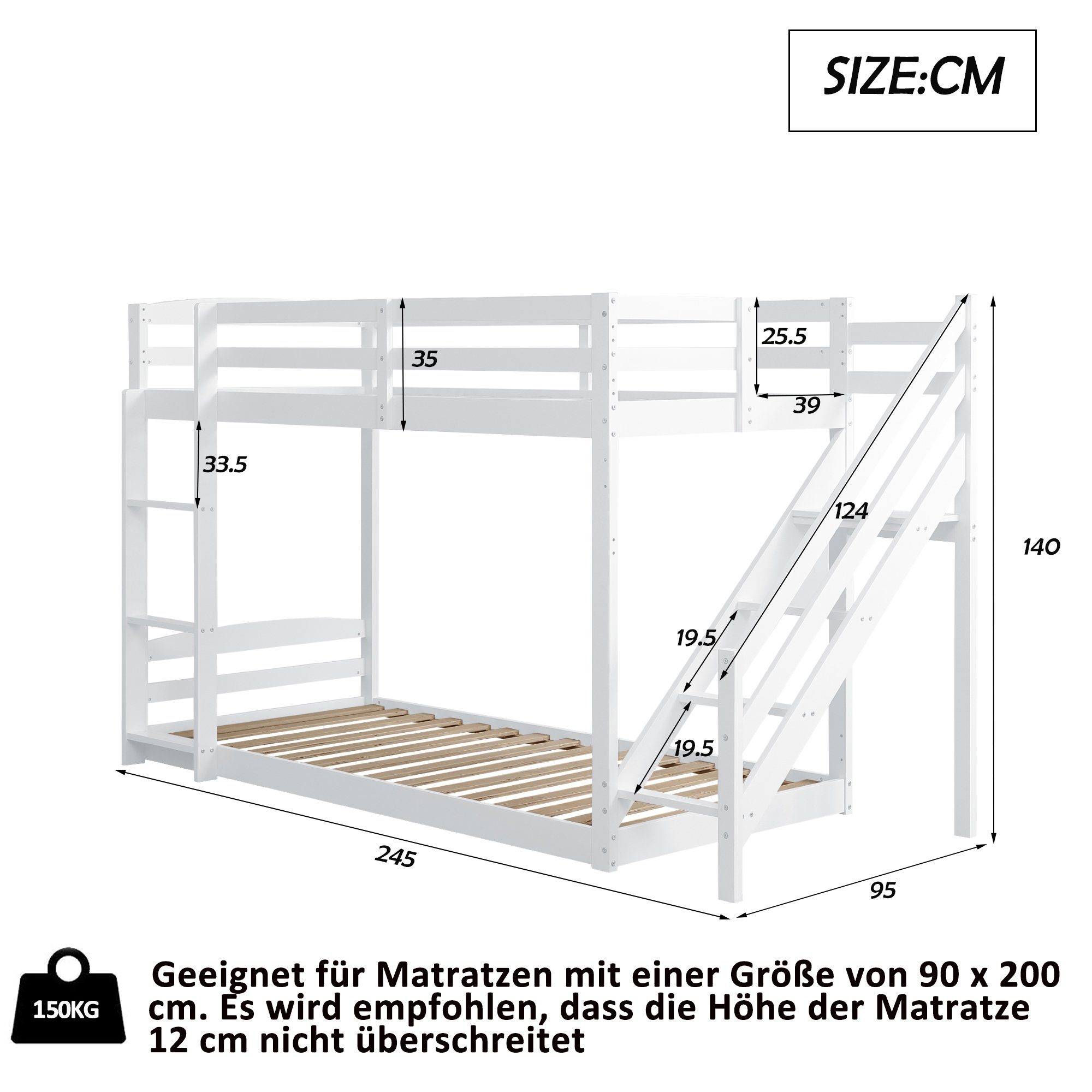 Etagenbett Massivholz, zwei 90×200 Ulife mit Weiß Sicherheitstreppen, cm Kinderbett