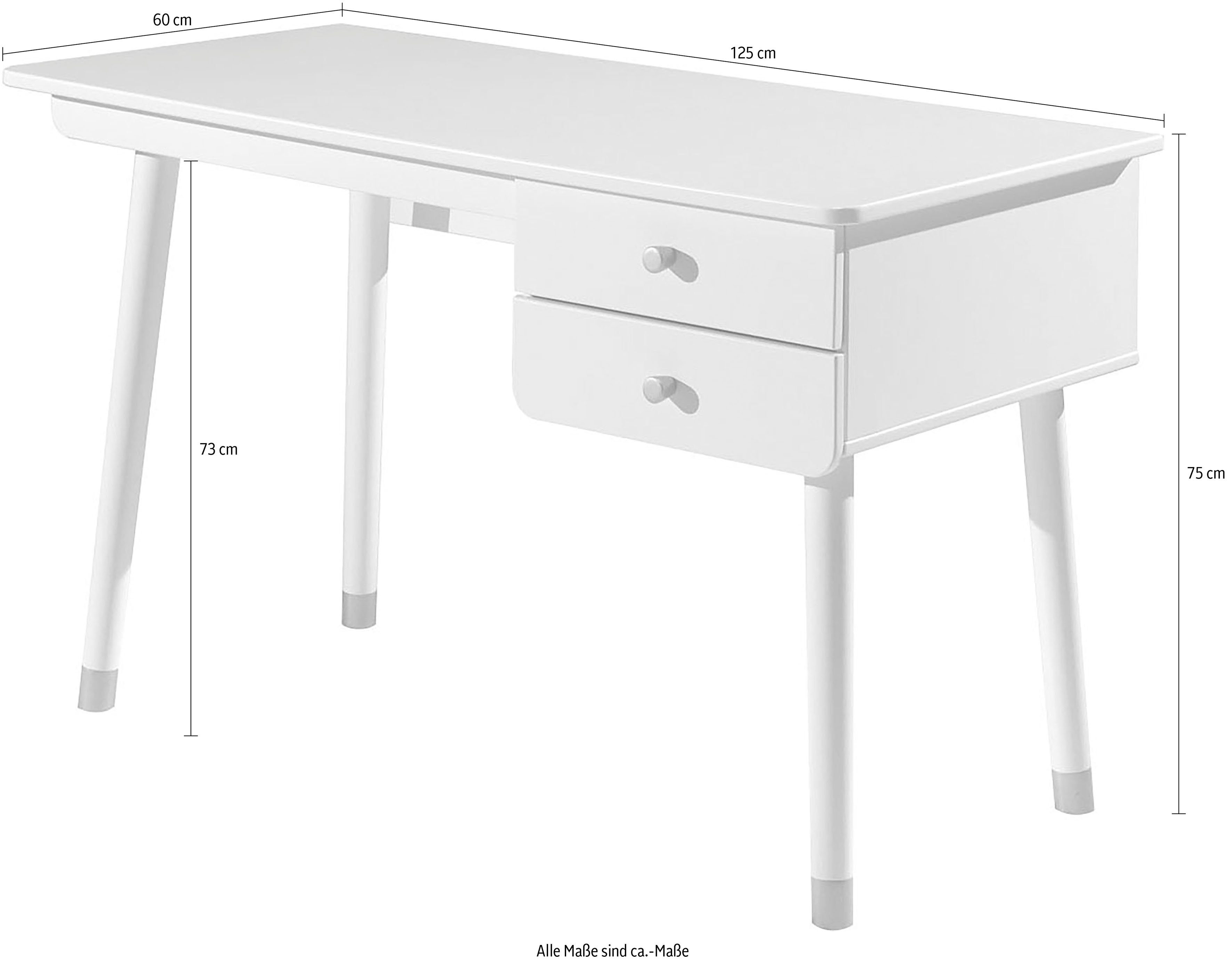 Vipack Kinderschreibtisch Billy, mit großer Arbeitsfläche und 2 Schubladen für Schreibutensilien (B/H/T ca. 125x60x75,2cm, moderne Optik mit gerundeter Schubladenfront), Goldefarbene Knöpfe, der Korpus ist MDF weiß lackiert
