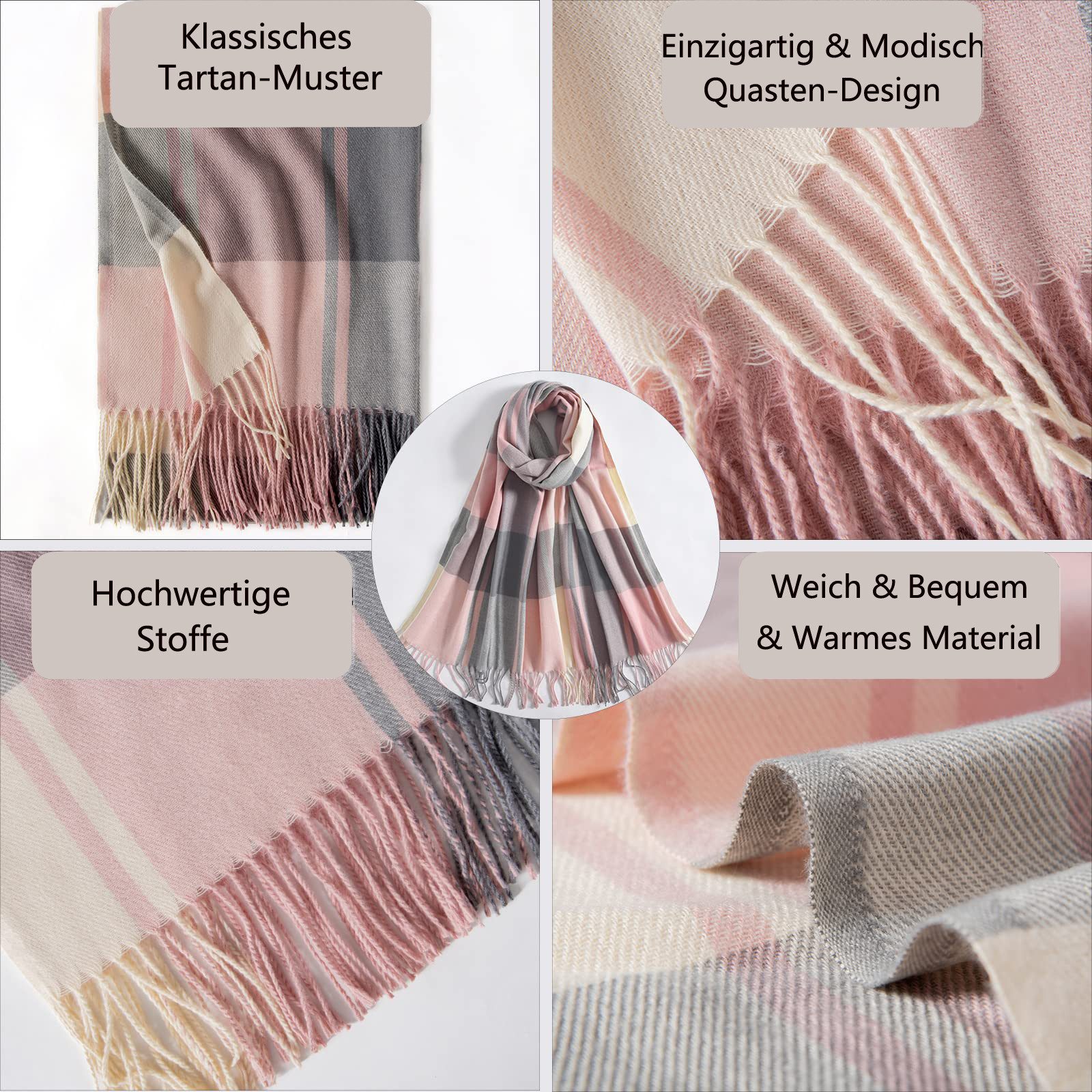 Coonoor Modeschal Damen Kariert Oversized Schal mit Fransen, Winterschal Weich Wraps, Karo Fransen Schals Warm für Herbst Winter, Mischfarbe – Bild 4 von 5