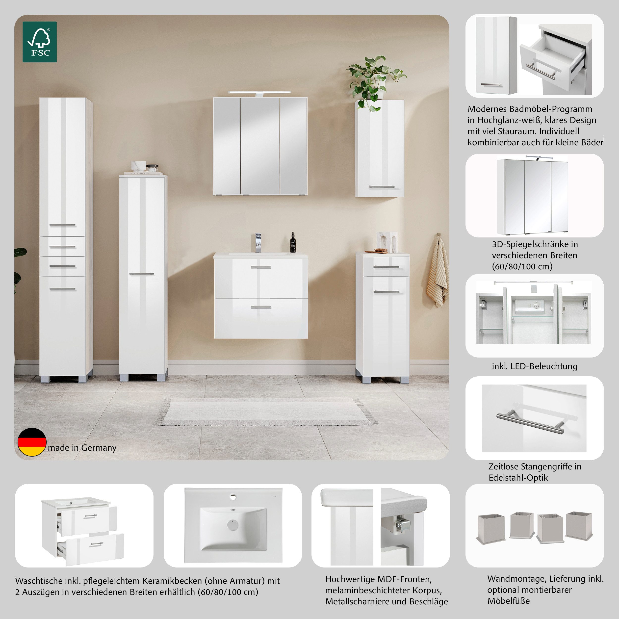 welltime Waschtisch Trento in verschiedenen Ausführungen inkl. Waschbecken, Badmöbel in Breite 60 cm, Badschrank Waschplatz mit 2 Schubladen