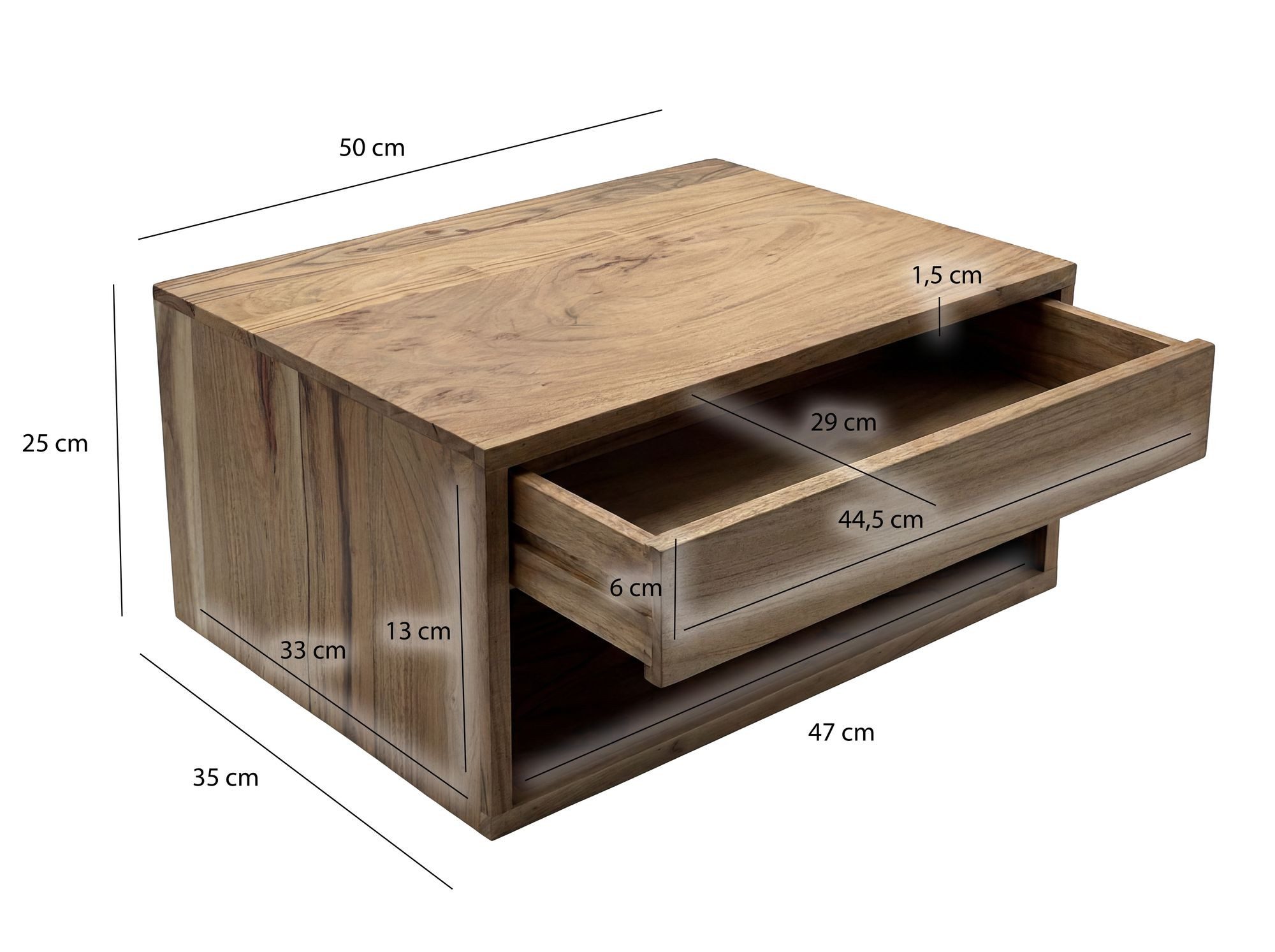 FINEBUY Nachttisch FB117940 Nachttisch für Wandmontage 50x35cm Wandnachttisch Schwebend (Schwebende Nachtkonsole aus massivem Akazienholz), Wand-Nachtkästchen mit Schublade und offenem Fach