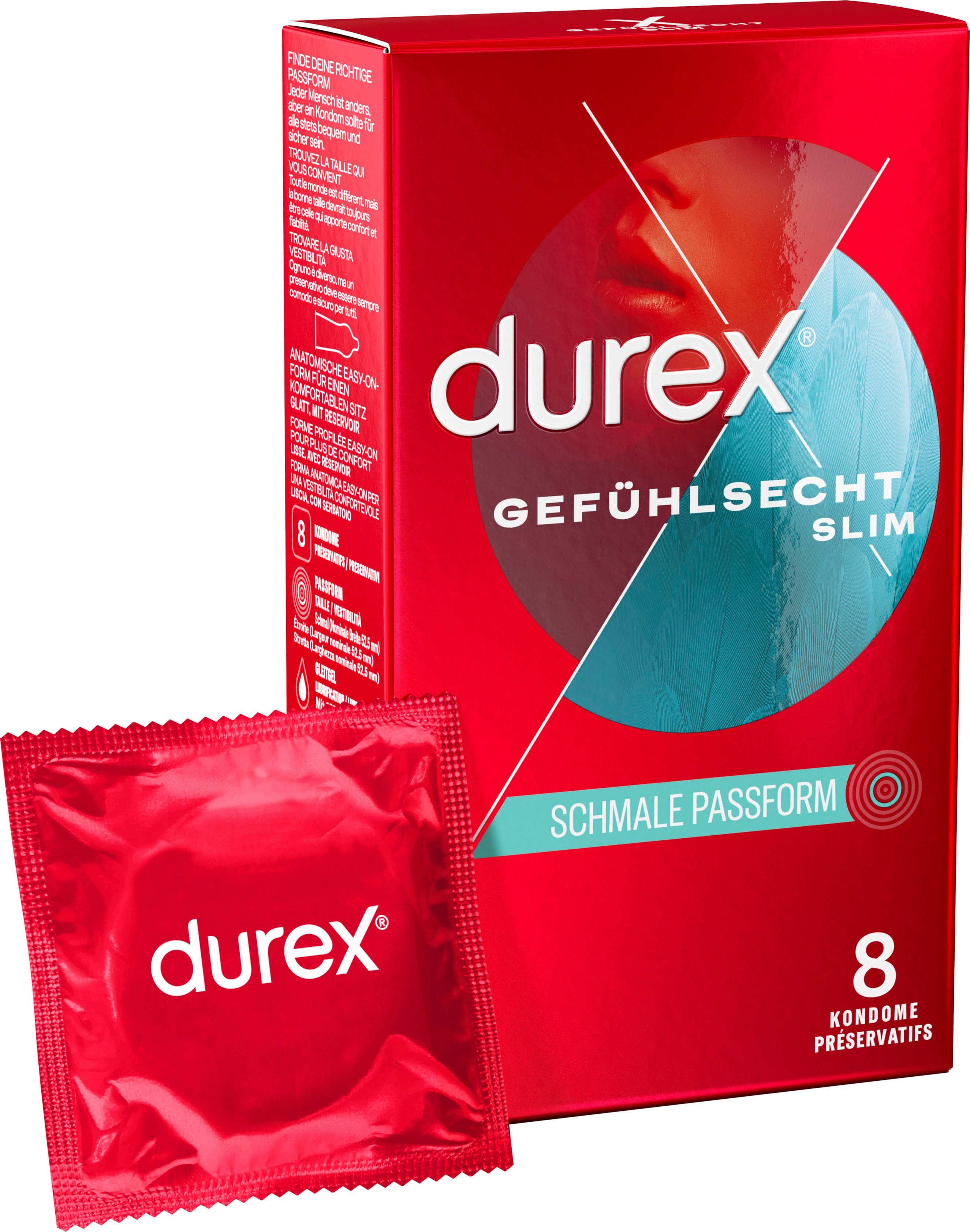 durex Kondome Gefühlsecht Slim Fit Packung, 8 St., dünn für ein intensives Gefühl, schlanke Passform