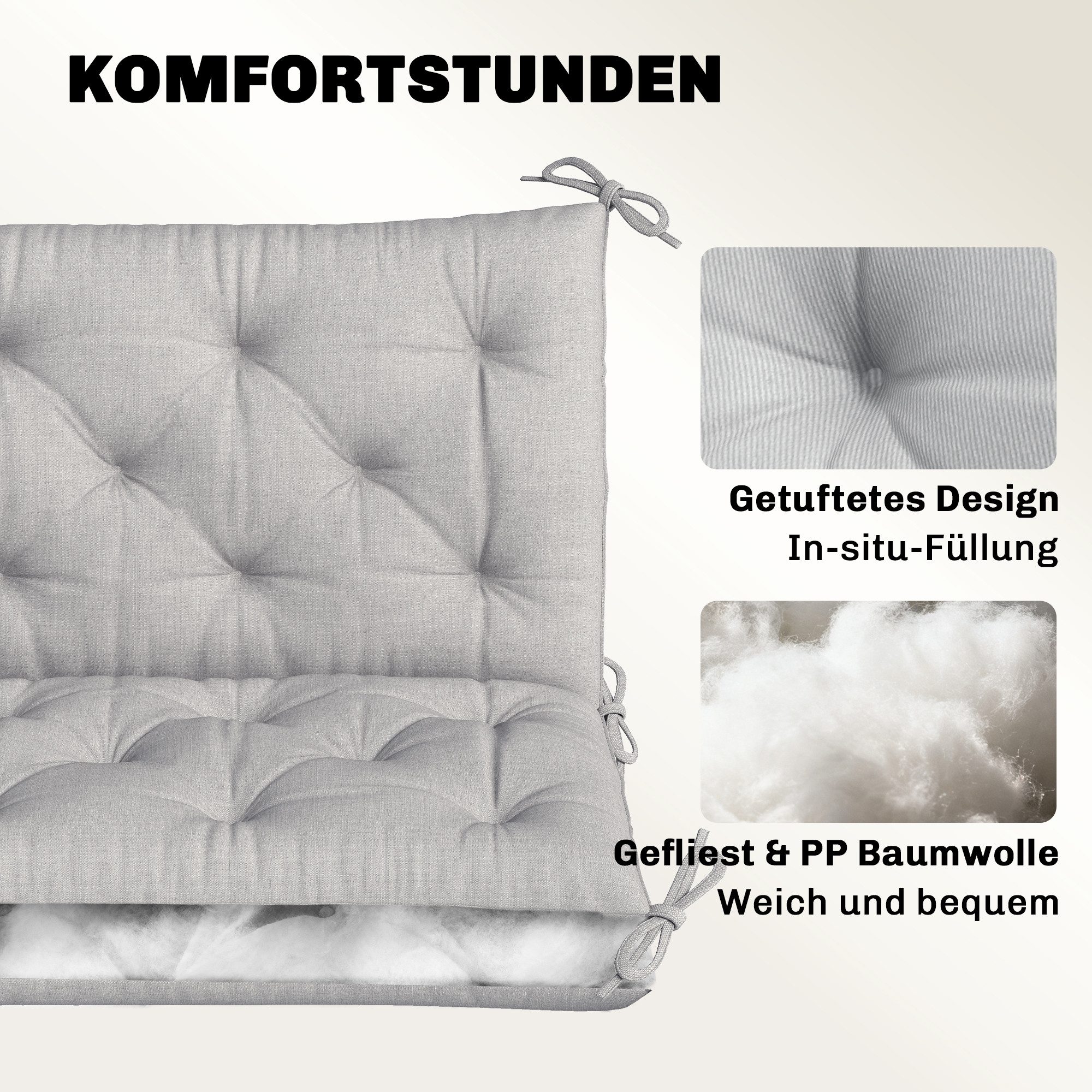 Outsunny Bankauflage 3 Sitzer, 150x98x8 cm, Bankkissen mit Bändern, Sitzkissen, (3 Sitzer Bankkissen, 1 St., Sitzkissen), für Gartenmöbel, Sitzbank Hollywoodsch – Bild 5 von 5