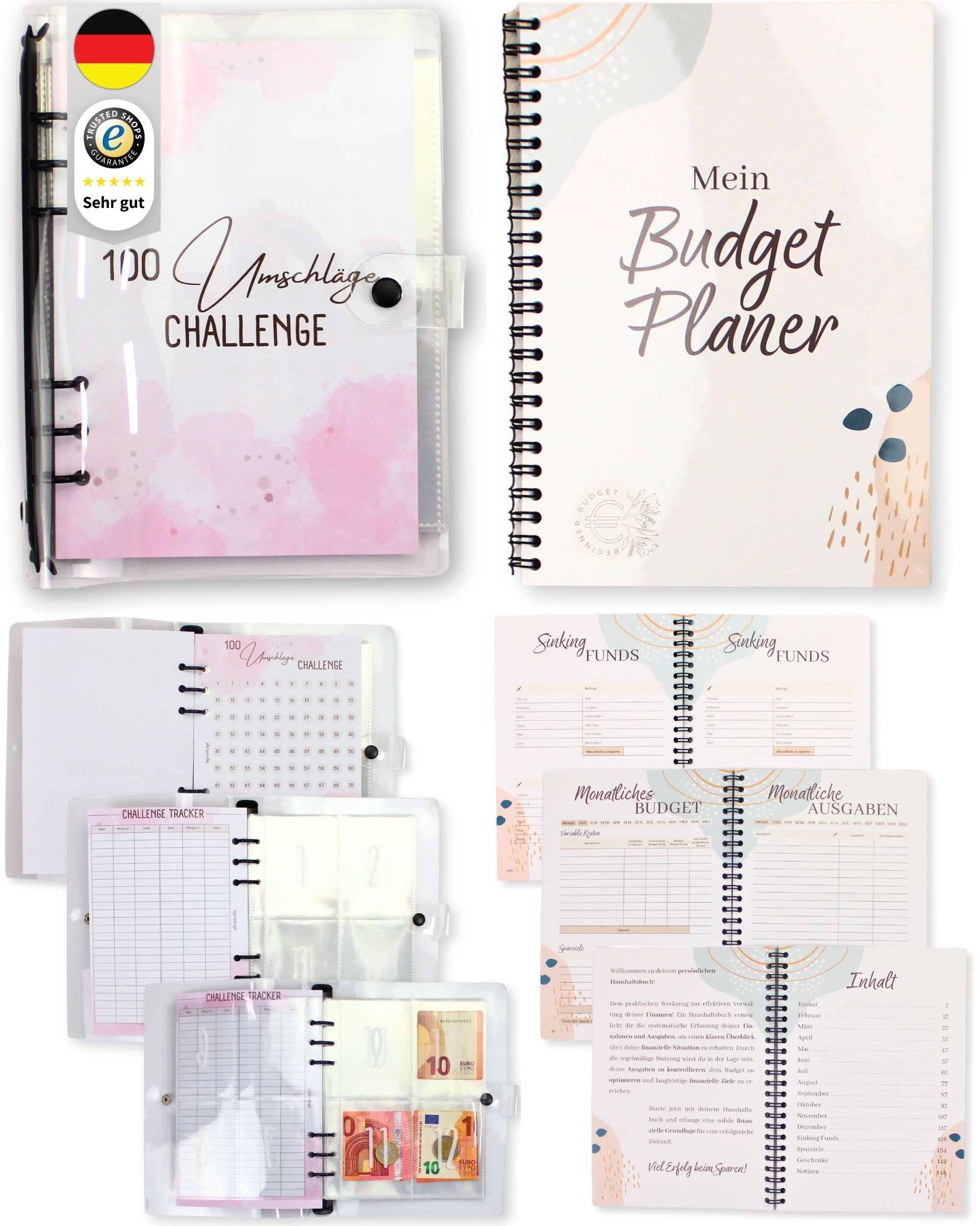 BeginnerBudget Ringbuchmappe Budget Planner Haushaltsbuch + 100 Umschläge Spar-Challenge (Packung, Set), Envelope Spar-Challenge für Bargeld – A5 Clear Binder Sparbuch