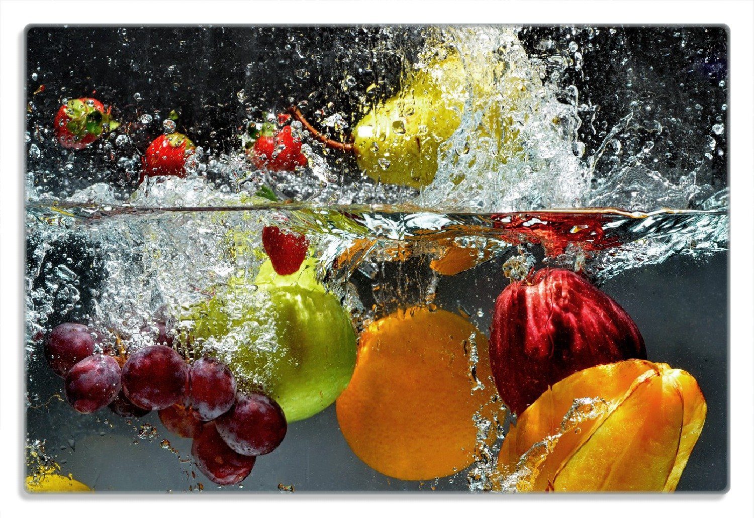 Wallario Frühstücksbrett Früchte im und unter Wasser - Splashing Fruits, (inkl. rutschfester Gummifüße 4mm, 1-St), 20x30cm