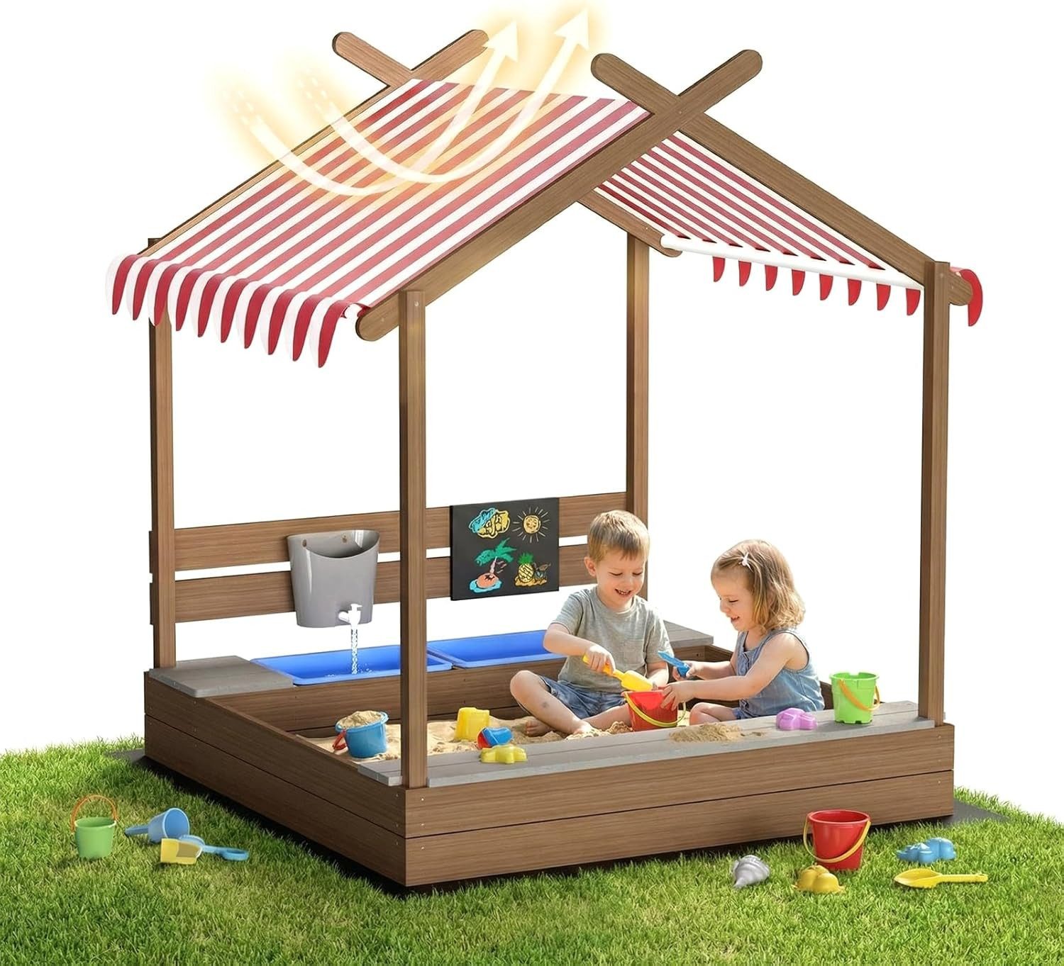 TLGREEN Sandkasten mit Dach Holz Outdoor, 113x116x142 cm, (Großer Kindersandkasten mit Wasserhahn&Tafel, UV-beständiger Garten Sandkiste), mit 2 Becken&Schwarzem Vliesboden für Kinder