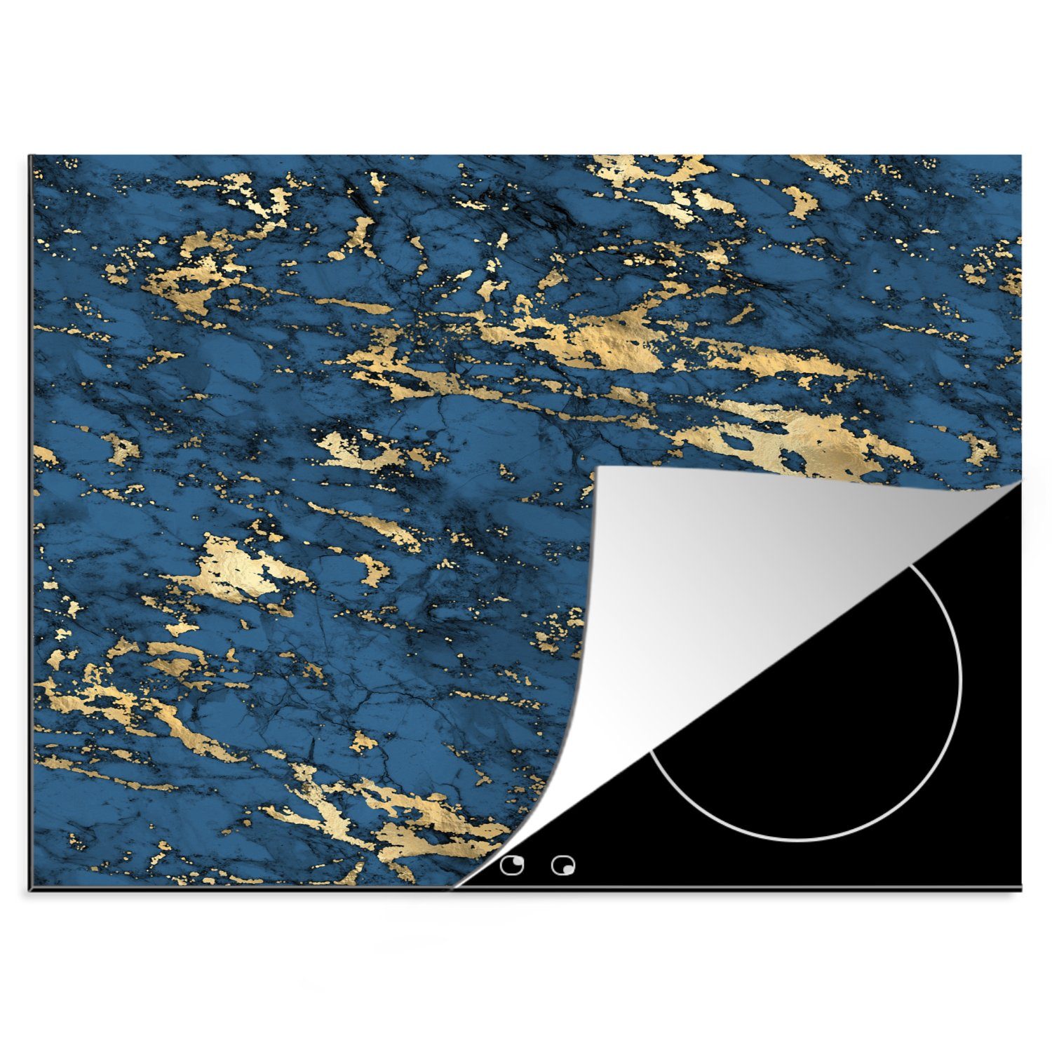 MuchoWow Herdblende-/Abdeckplatte Blau - Marmor - Gold - Design, Vinyl, (1 tlg), 60x52 cm, Mobile Arbeitsfläche nutzbar, Ceranfeldabdeckung