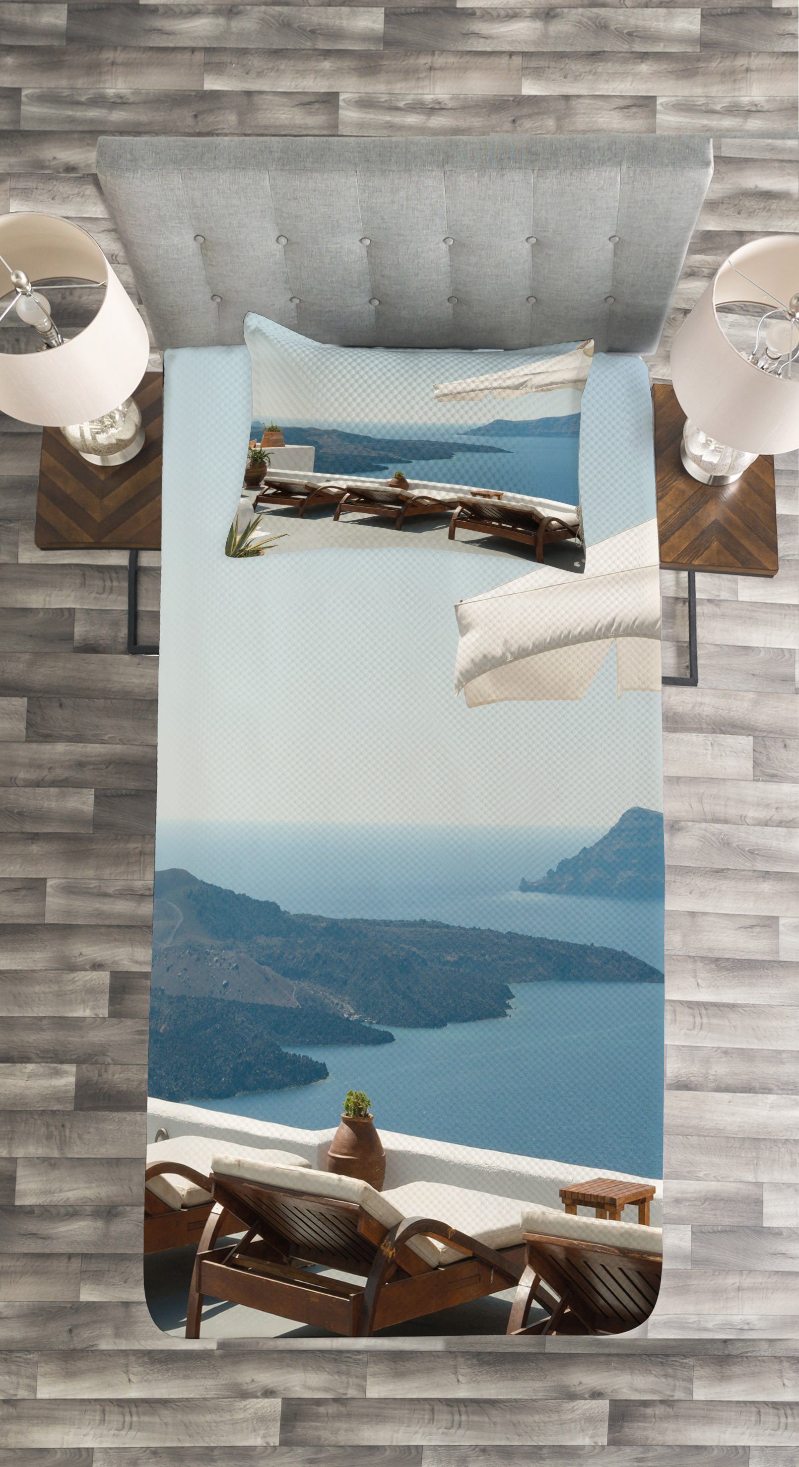 Santorini Set Tagesdecke Blick Waschbar, Abakuhaus, Kissenbezügen mit auf Caldera griechisch die