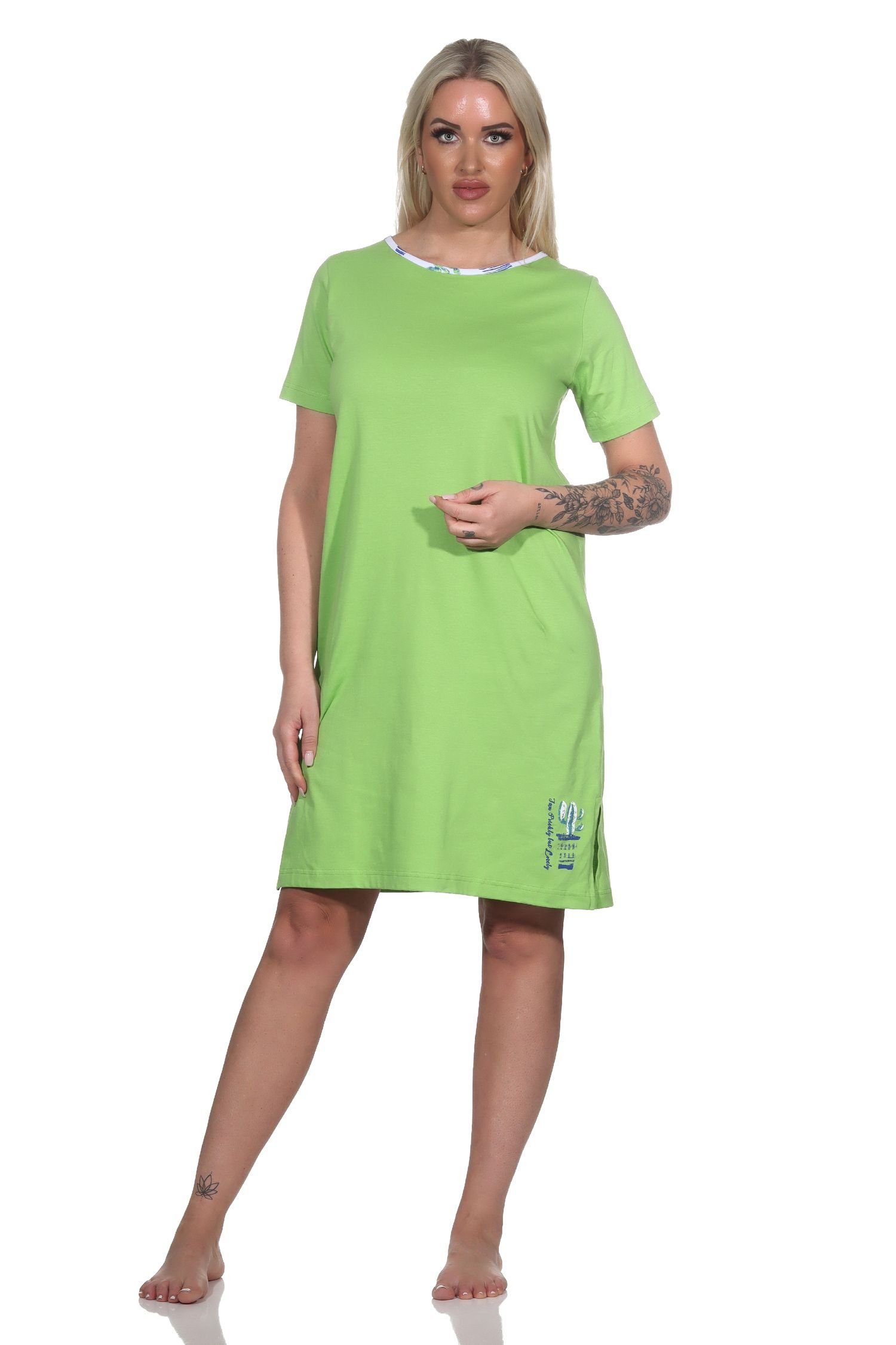 Normann Nachthemd Damen kurzarm Nachthemd grün mit als Kaktus Motiv