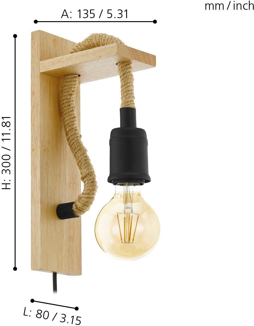 EGLO Wandleuchte RAMPSIDE Wandlampe, schwarz und braun, Wohnzimmerlampe, IP20, Lampe, Ein-/Ausschalter, ohne Leuchtmittel, Vintage Wandleuchte, Industrial, Wandspot, E27, inkl. Kabelschalter