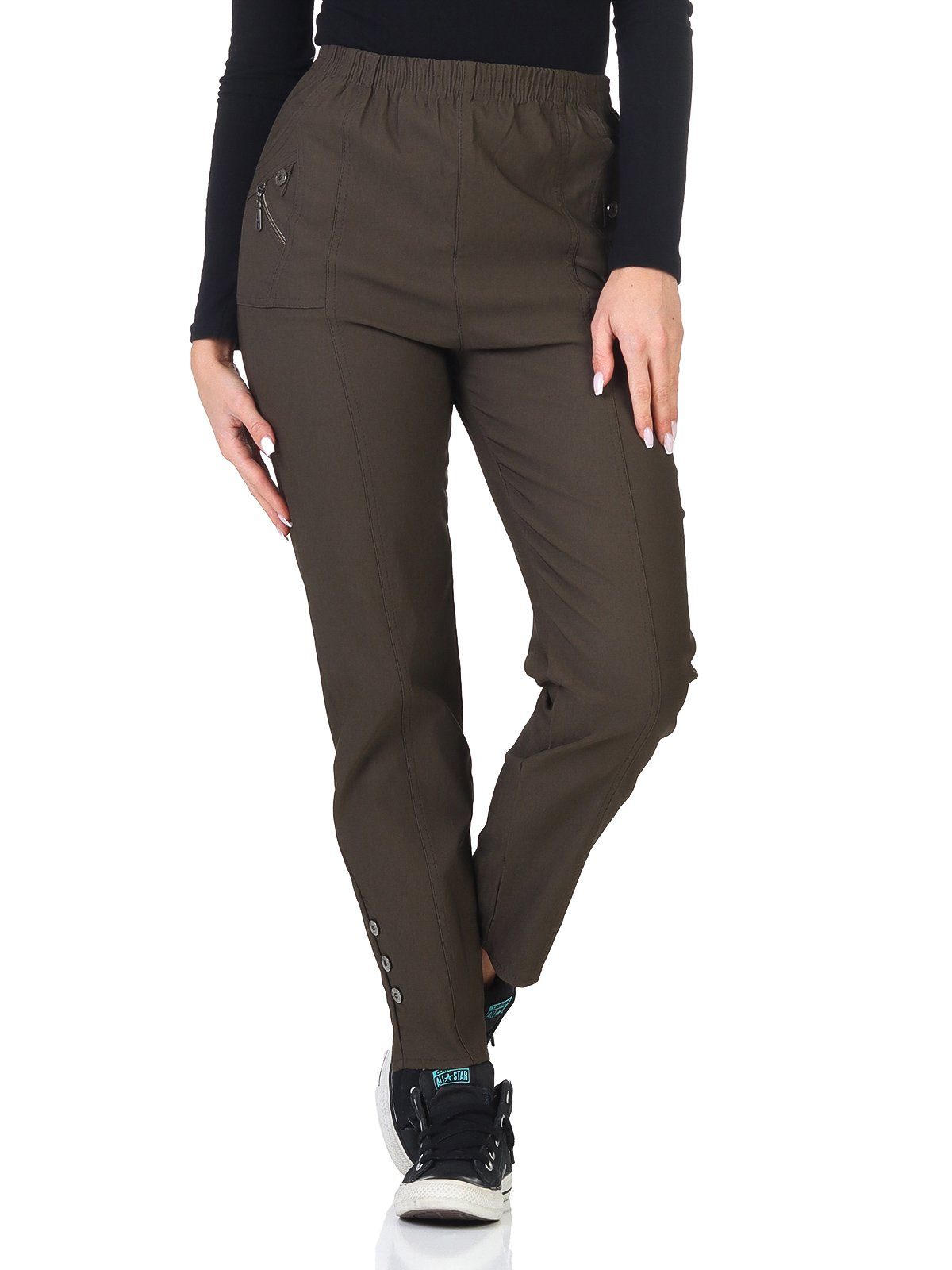 Aurela Damenmode Thermohose Schlupfhose für leichtem in erhältlich, Größen Damen milde auch Olive großen Thermofleece mit (1-tlg) für Übergangshose Herbst-/Wintertage