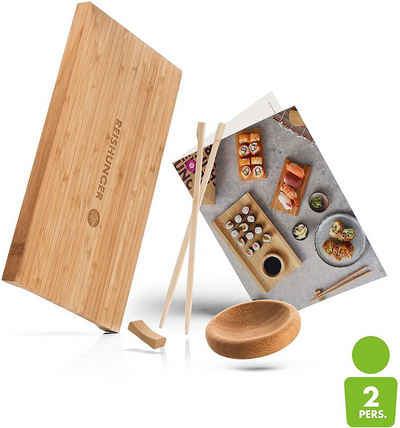 Reishunger Geschirr-Set »Reishunger Sushi Servier Set« (8-tlg), Bambus, Für zwei Personen - Pro Person ein Servierbrettchen, edle Essstäbchen, Sushi Saucenschale und Stäbchenbank