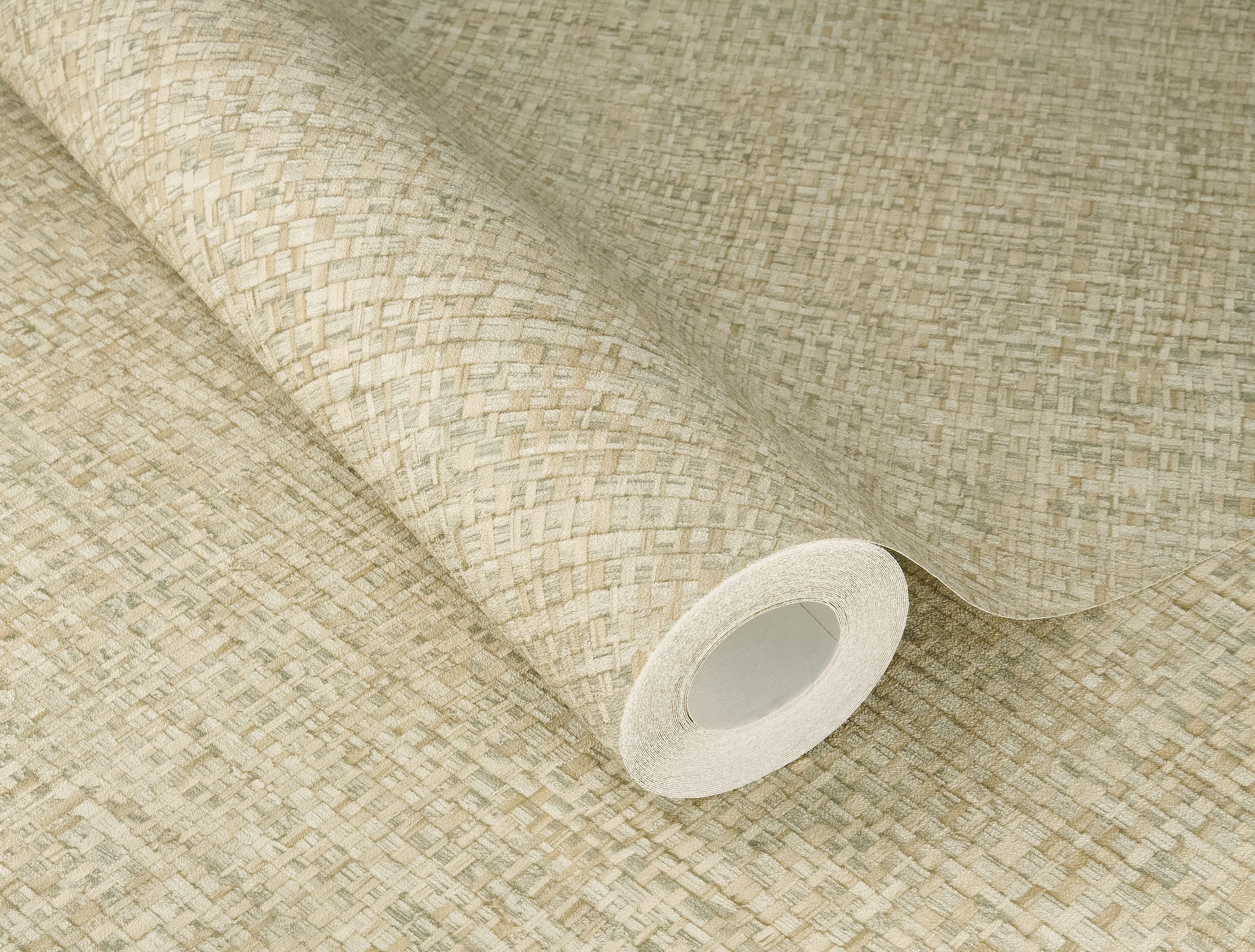 Rasch Vliestapete mit Flechtoptik in Grün-Beige - Feine Gewebeoptik, strukturiert, Flechtoptik, matt, Ton-in-Ton, geometrisch, (1 Rolle, 1 St), gewebte Optik
