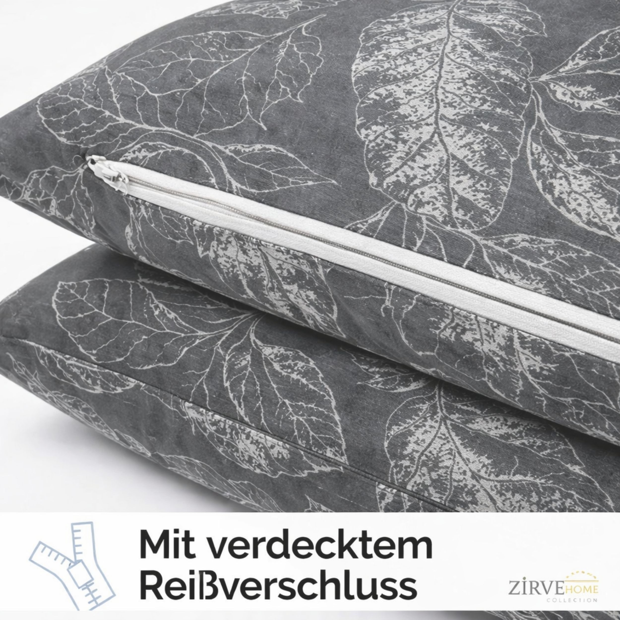 ZIRVEHOME Bettwäsche Baumwolle Grau Bettbezug Elegantes Weiß Blattmuster, Arina V2, Renforce, 2 teilig, Bettwäsche 135x200 Grau Bettbezug Weiß Blattmuster