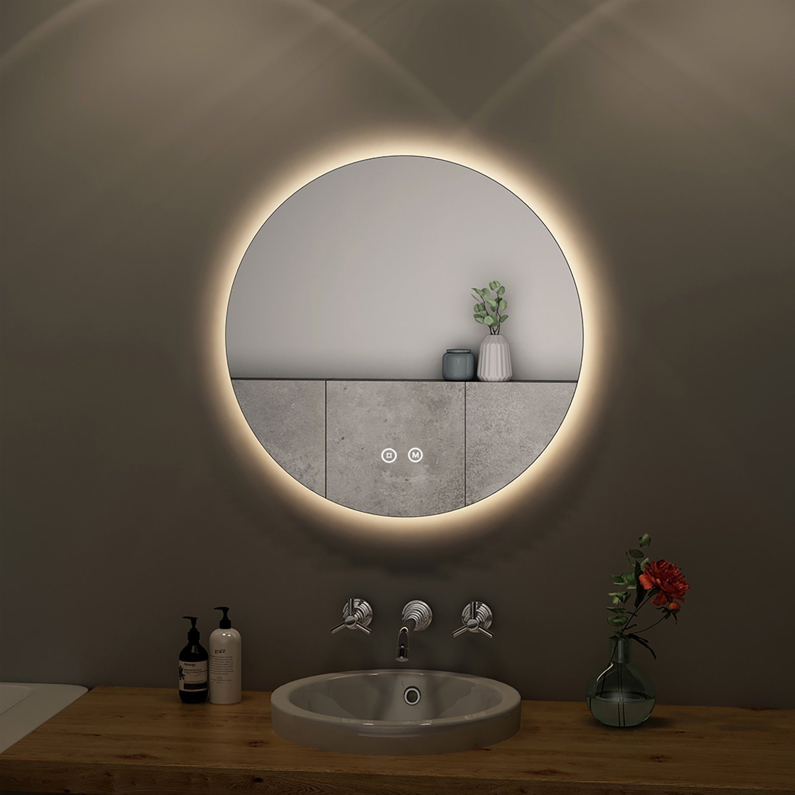 S'AFIELINA Badspiegel Runder Badezimmerspiegel mit beleuchtung LED Lichtspiegel Wandspiegel, Touchschalter,3 Lichtfarben,Dimmbar,Memory-Funktion,Energiesparend