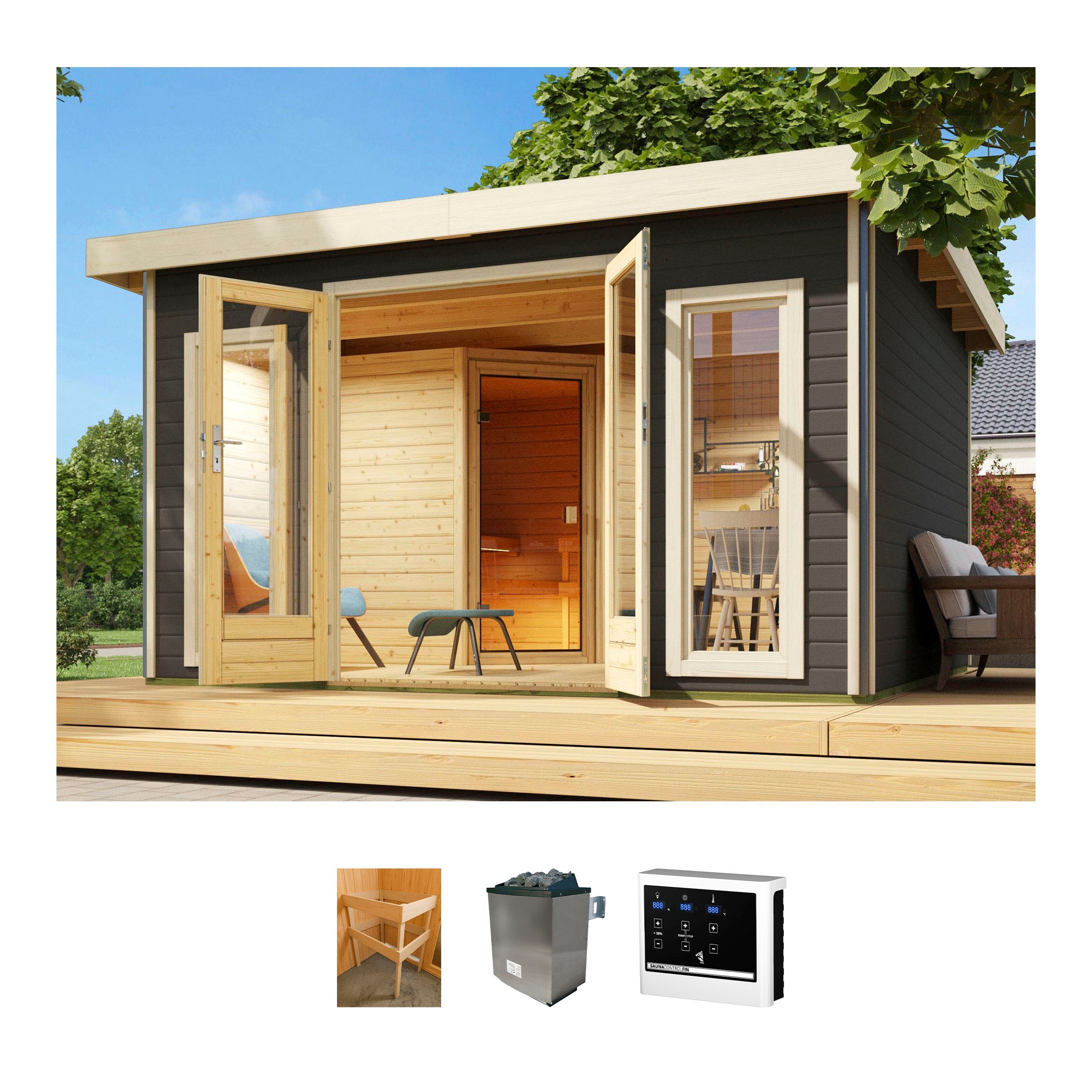 KONIFERA Saunahaus Maiko 3 SET B, BxTxH: 369 x 309 x 229,5 cm, 38 mm, Ofen 9 KW externe Strg easy