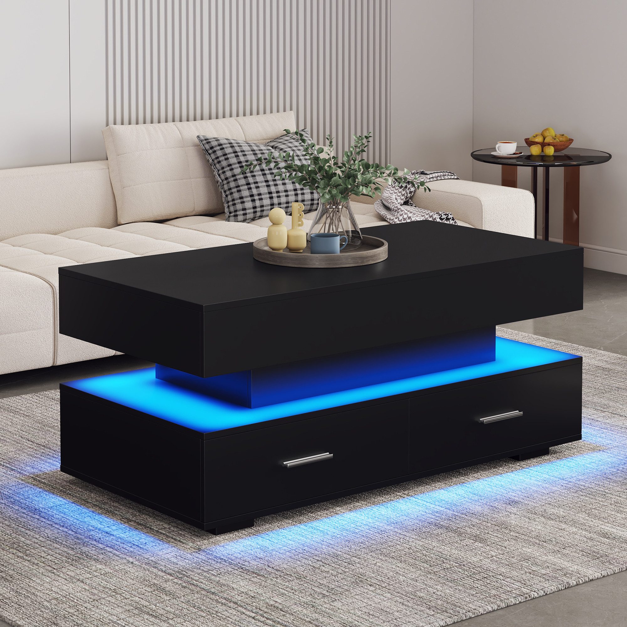 STILVORA Couchtisch Hebbarer Wohnezimmertisch mit LED,Beistelltisch mit Stauraum,schwarz (Beistelltisch, Sofatisch, 1-St., einfach Montage), hydraulisch Kaffetisch mit LED-Beleuchtung, Bluetooth-APP-Steuerung
