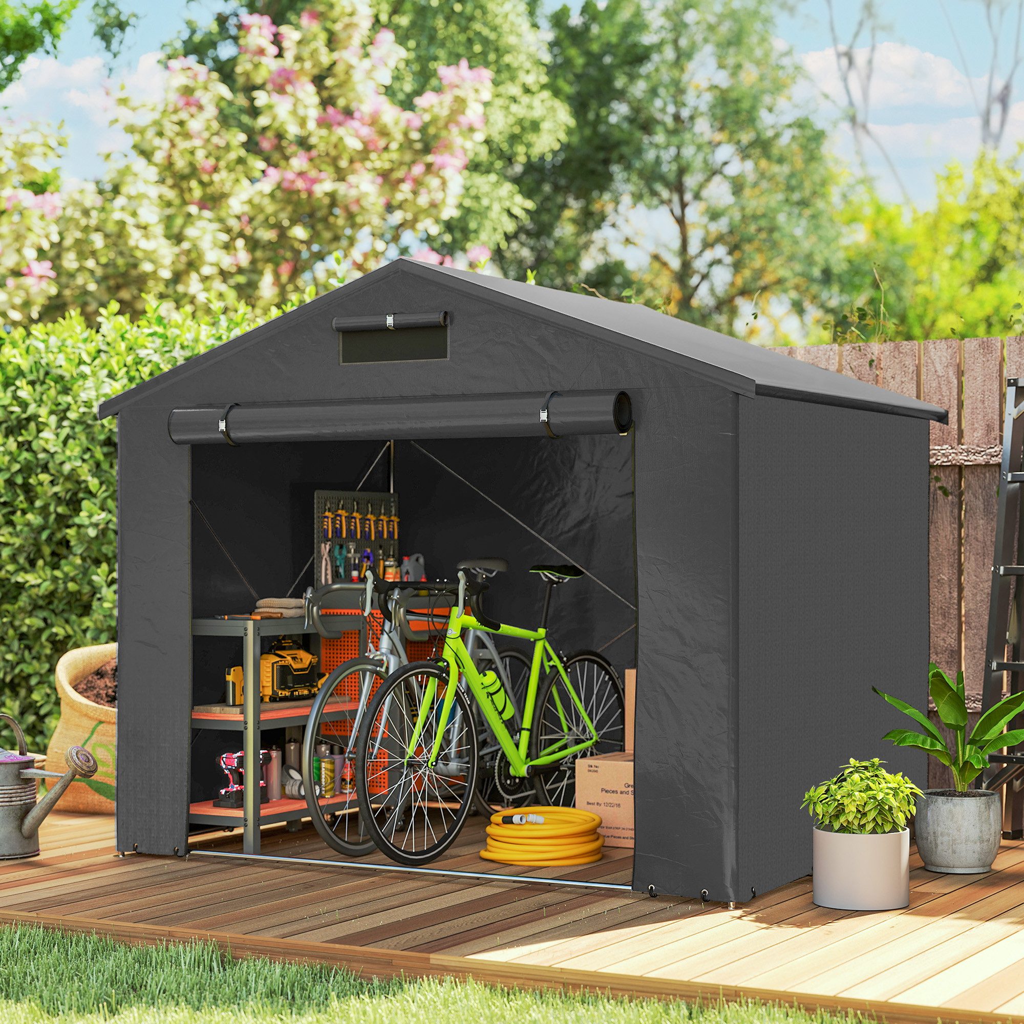 Outsunny Gerätezelt Zeltgarage 2,5x1,8 m Wasserdicht Satteldach Winterfest Weidezelt, Personen: 3 (Wasserdicht Garagenzelt, 1 tlg., Zeltgarage), für Fahrrädern Dunkelgrau