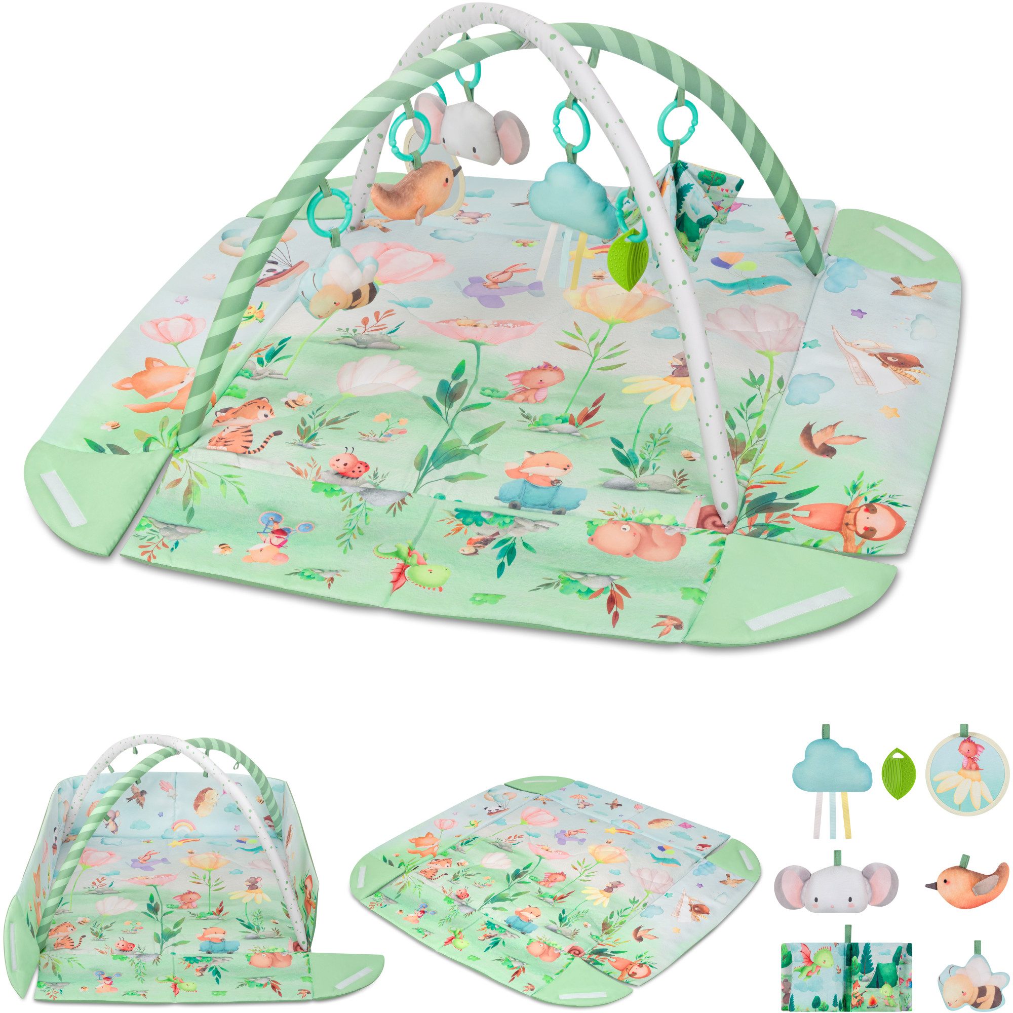 lionelo Spielmatte INGA (Set, Set mit Spielmatte, 2 Spielbögen und 7 Spielzeugen), Spielmatte/Halb-Laufgitter/7 Spielzeuge/Beißring