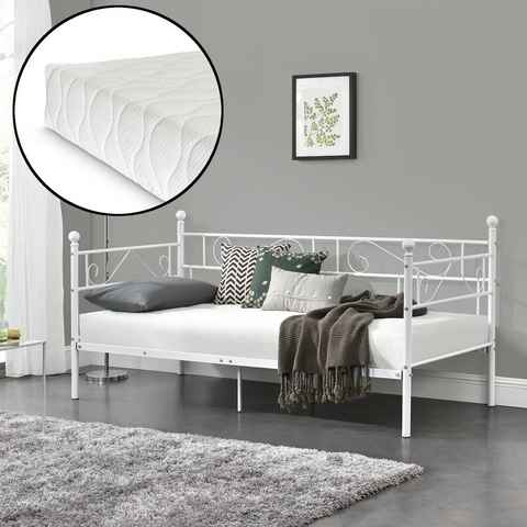 en.casa Metallbett, »Granada« Tagesbett mit Kaltschaummatratze 90x200cm Weiß