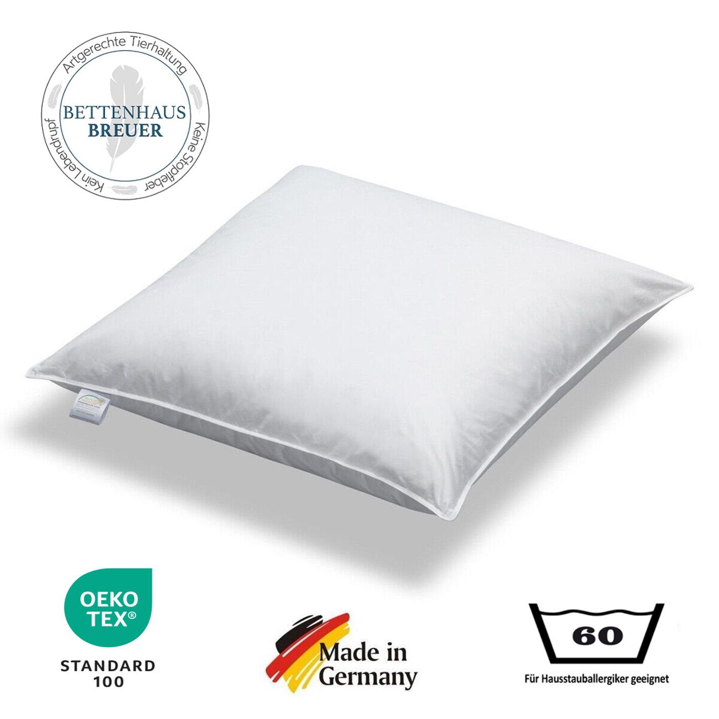 Bettenhaus Breuer Daunenkissen Kopfkissen Daunenkissen 100% sibirische Daunen 500g leicht weich 80x80, Füllung: 100% sibirische Daunen, Bezug: 100% Baumwolle, Seitenschläfer, Rückenschläfer, Bauchschläfer, Hergestellt in Deutschland