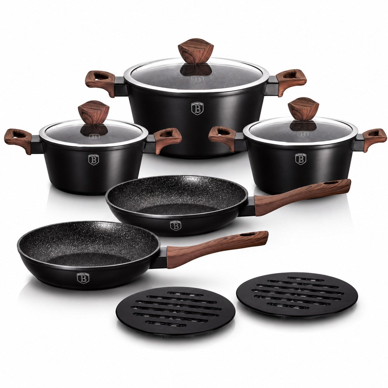 Ertex Topf-Set 10tlg. Set Pfanne Kochtopf, Töpfe, braune Griffe, Kasserolle BH1534, Aluminiumguss, Aluguss Material mit Granit Beschichtung