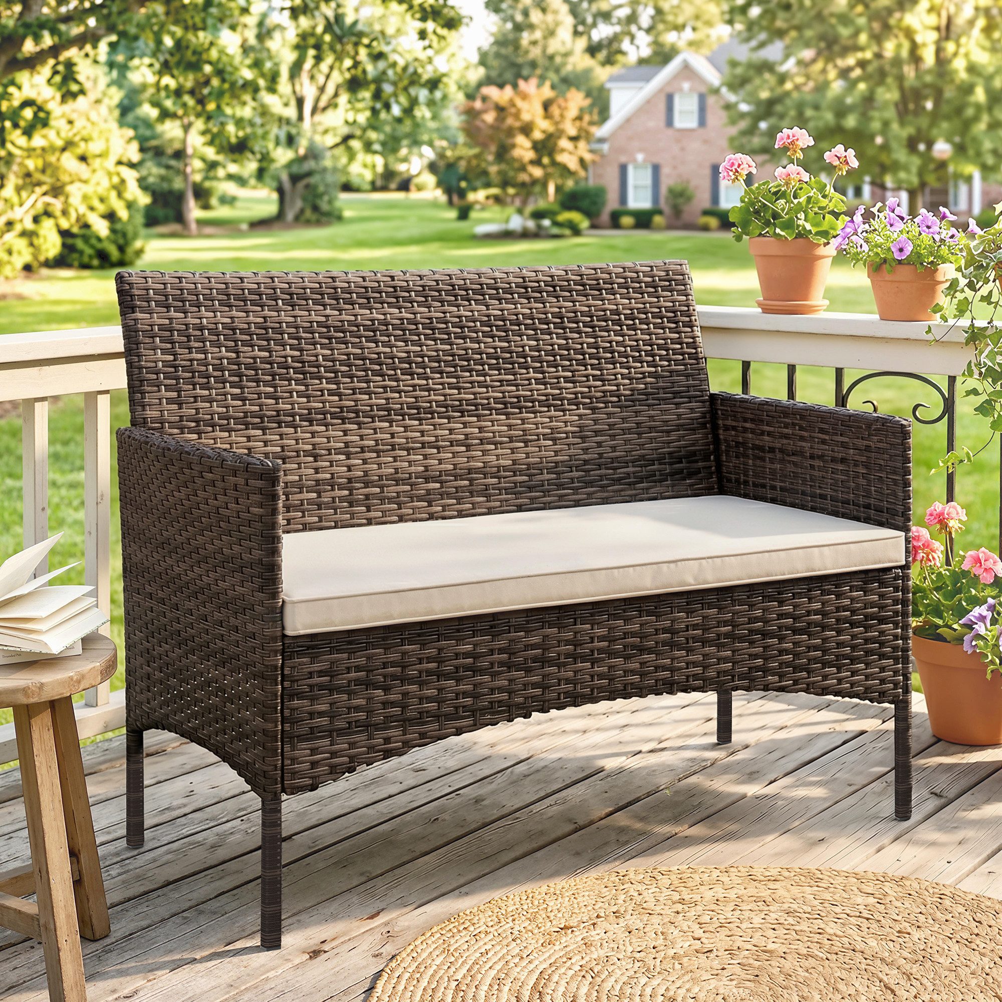 Outsunny Gartensofa 2-Sitzer Rattansofa, 1 Teile, Wetterfest, abnehmbarer Bezug, rutschfest
