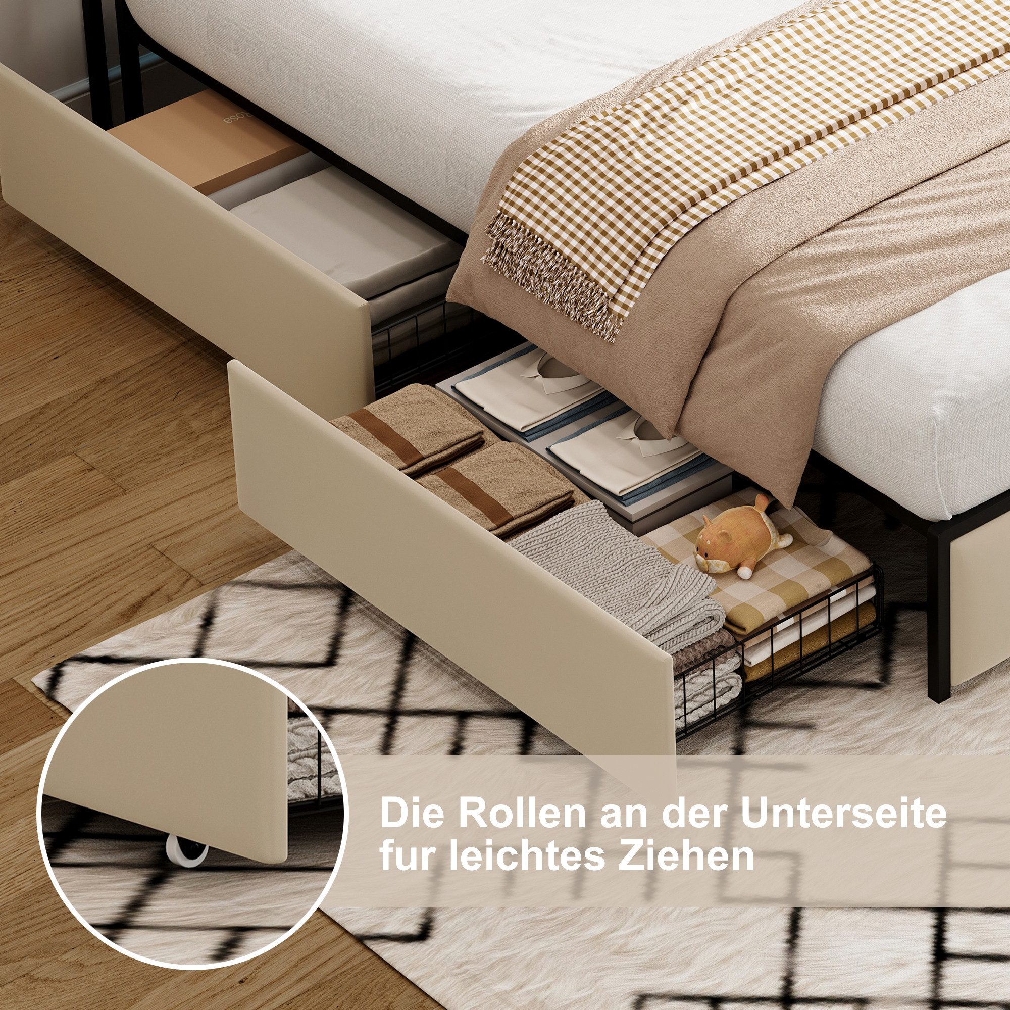 Simurq Polsterbett 140x200cm Stauraumbett mit LED, Ladefunktion und 4 Schubladen (Packung, 1-tlg., Doppelbett Mit Stauraum Kopfteil und Lattenrost), Samt Schubl – Bild 5 von 5