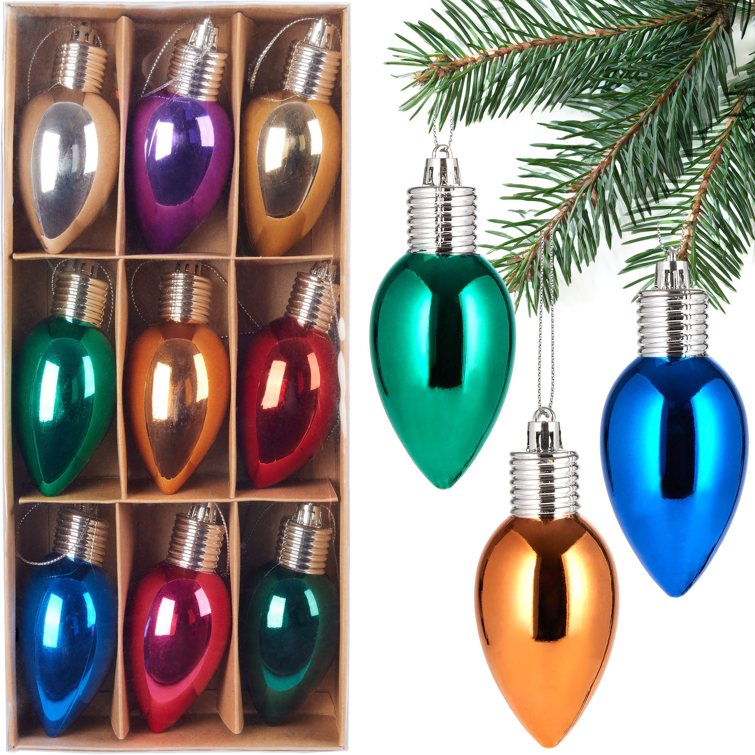 BRUBAKER Weihnachtsbaumkugel 9er Set Weihnachtskugeln - Party Glühbirnen - 10 cm Christbaumkugeln (1 St), Bruchsicher - Kunststoff Christbaumschmuck Baumkugeln - Bunt