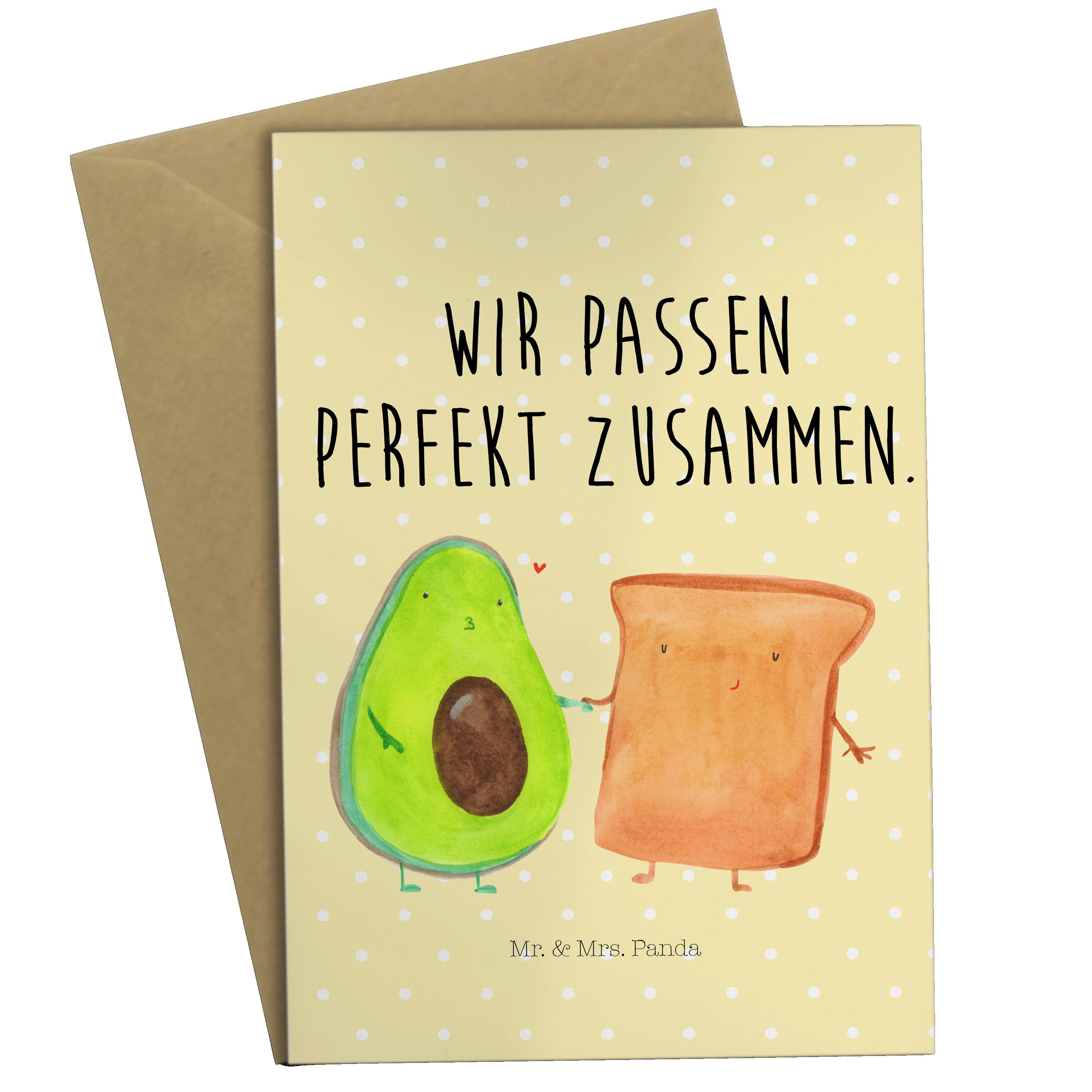 Mr. & Mrs. Panda Grußkarte Avocado + Toast - Gelb Pastell - Geschenk, Pärchen, Freundin, Karte | Grußkarten