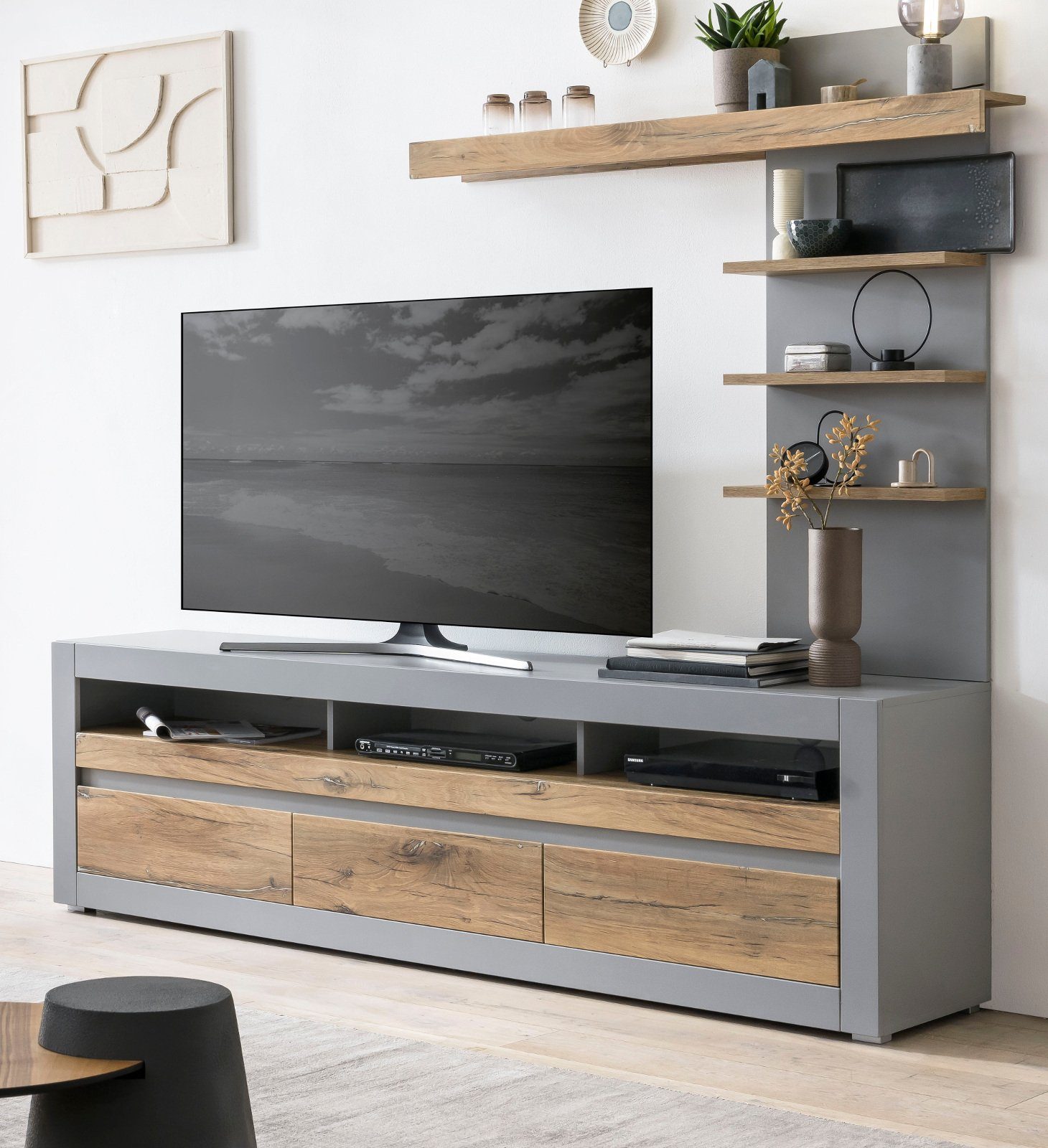 Furn.Design TV-Schrank Tamaris (Set 2-teilig in matt grau mit Eiche, Breite 217 cm) mit Soft-Close