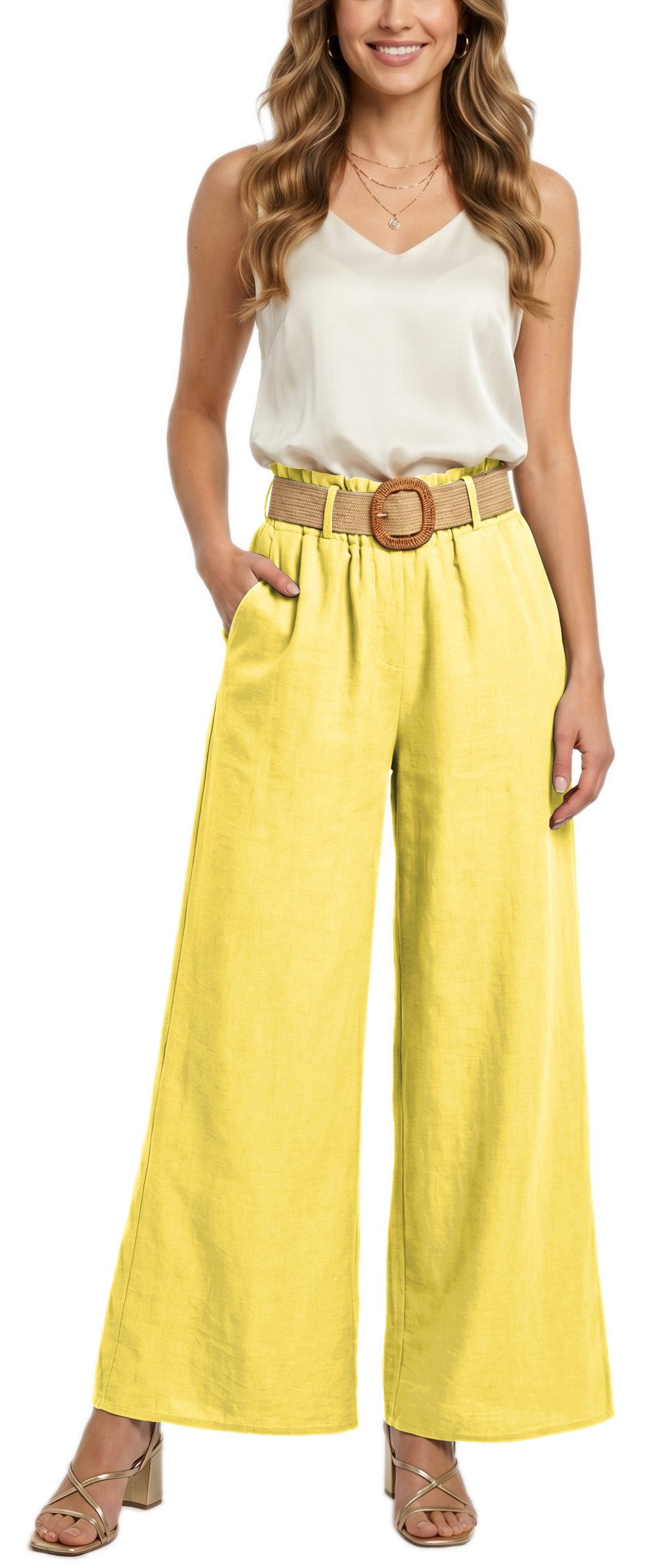 dy_mode Palazzohose Damen High Waist Palazzohose Weitbein Hose Schlupfhose Sommer Strand in Unifarbe, High Waist, mit elastischem Bund – Bild 4 von 5