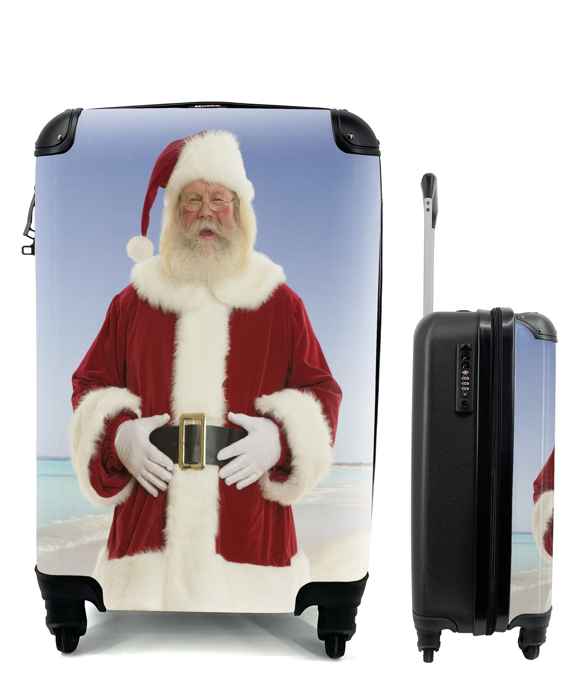 MuchoWow Handgepäckkoffer Der Weihnachtsmann lächelt an einem Strand mit grauem Himmel, 4 Rollen, Reisetasche mit rollen, Handgepäck für Ferien, Trolley, Reisekoffer | Handgepäck-Koffer