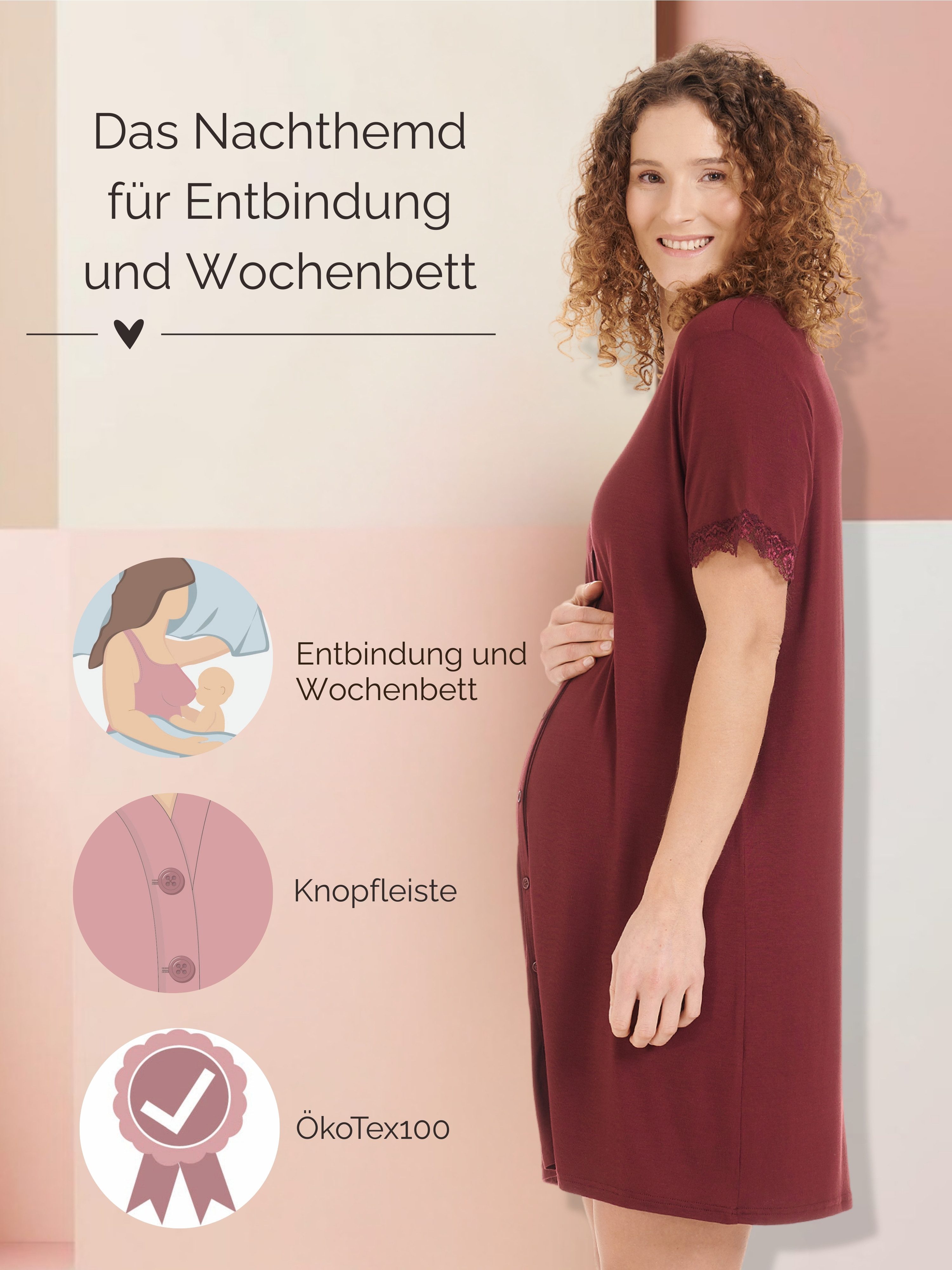 Herzmutter Umstandsnachthemd Stillnachthemd - Knopfleiste - Wochenbett-Geburt Schwangerschaftsnachtkleid