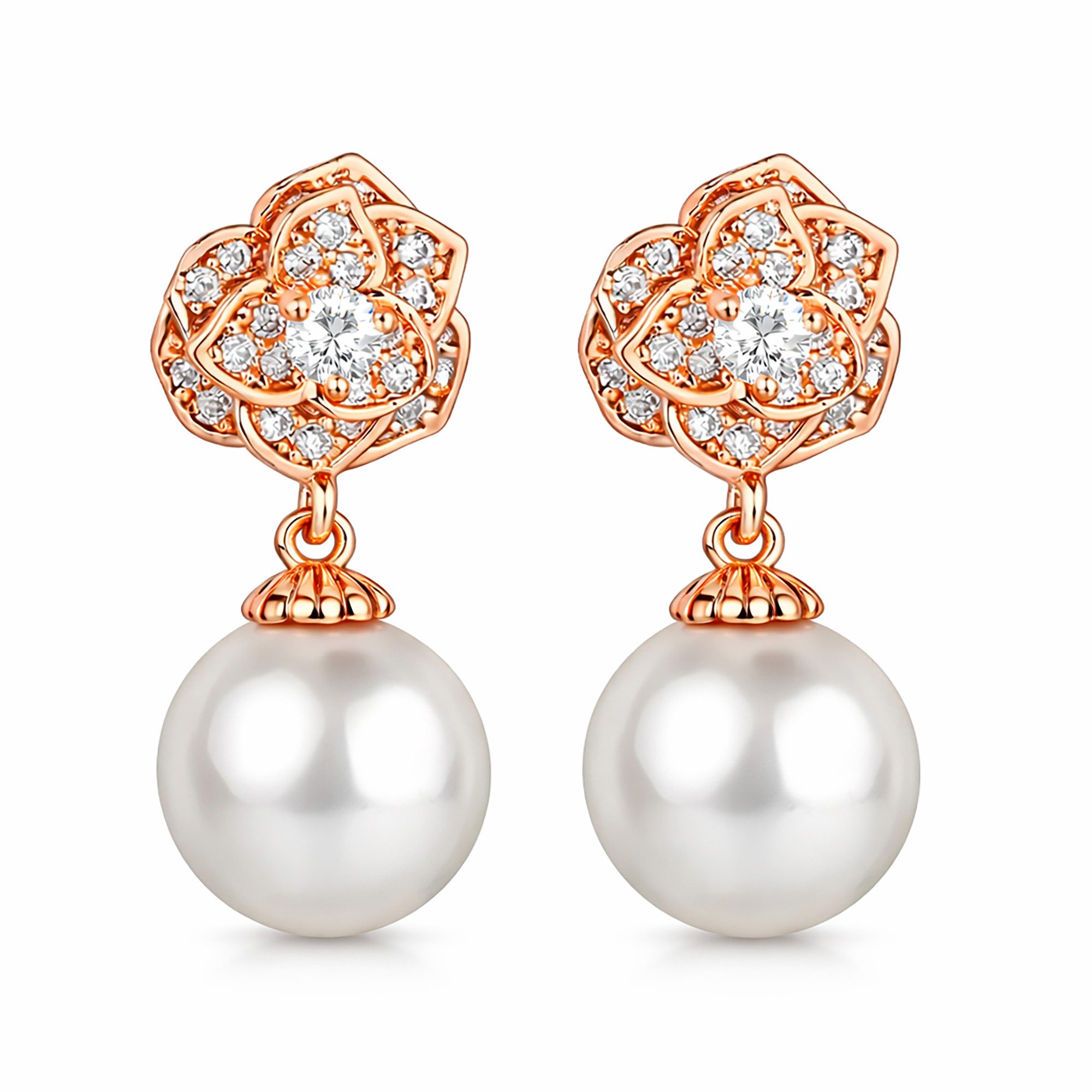 LÖB Perlenohrringe 750 Roségold vergoldet Ohrringe Hängend Blume Zirkonia Perlen Anhänger (Geschenke für Frauen Beste Freundin Mutter Mama Damen Ehefrau sie zum Geburtstag Ostern Muttertag Muttertagsgeschenk), Ohrstecker Ohrhänger Perlenohrringe Tropfenanhänger Rund Weiß Elegant