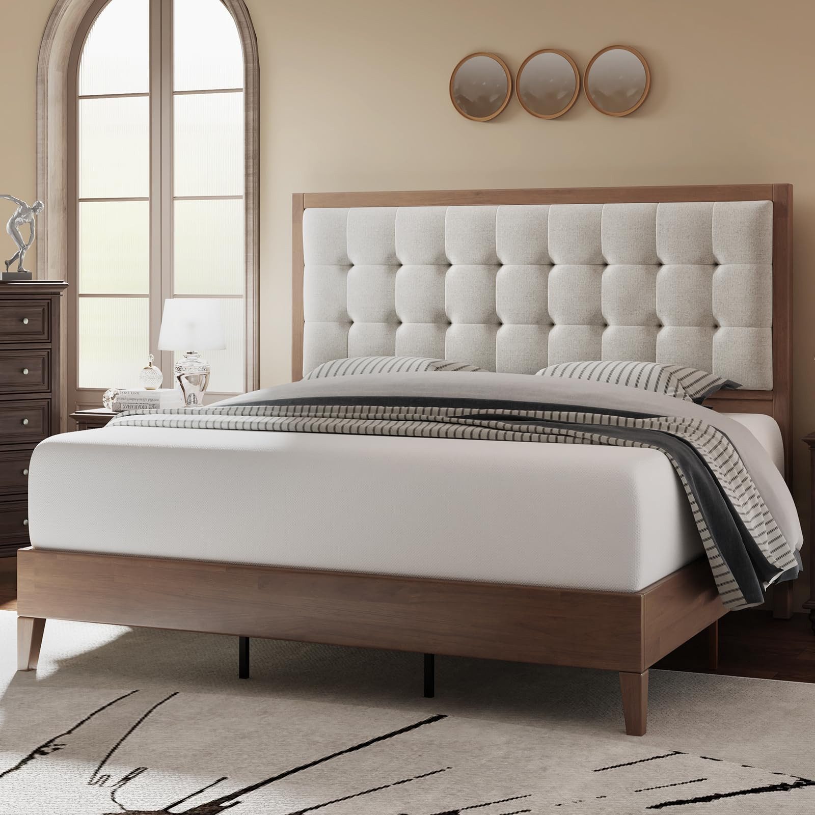 AMERLIFE Massivholzbett Gepolstertes Leinen-Kopfteil mit Knopfpolsterung (Ohne Matratze), Plattenbett Doppelbett 140 x 200 cm