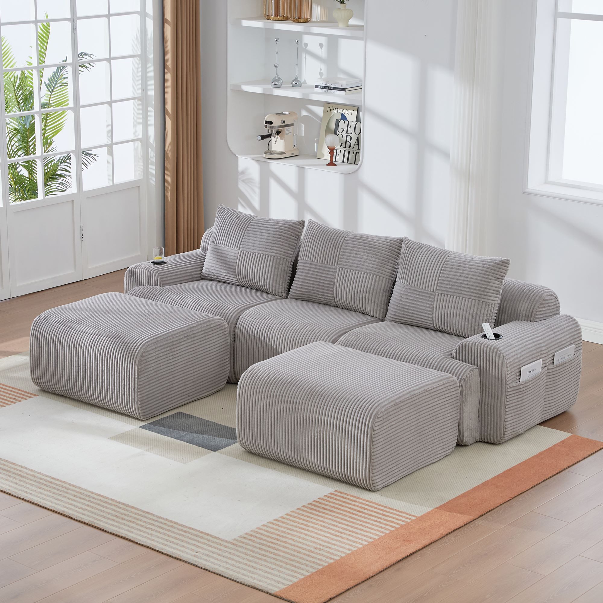 BBG Wohnlandschaft Flexible Wohnlandschaft U-Form, Ecksofa mit Getränkehalter & Tasche, 268x174 cm, Modulares Cord Sofa 3-Sitzer mit 2 Hockern