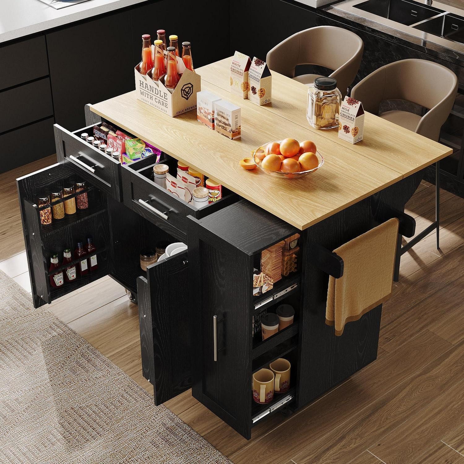Kücheninsel Kücheninsel Klappplatte Küchenwagen Sideboard Schwarz(110x46x90,5cm)