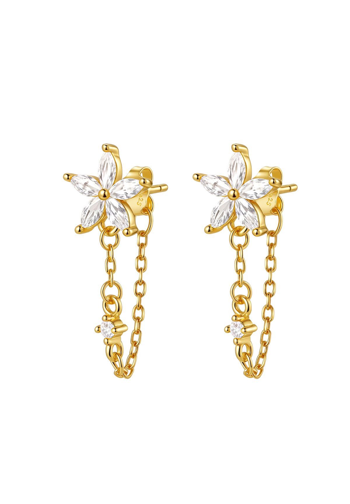Hey Happiness Paar Ohrhänger Zirkonia Blumen Kettenohrringe, 925 Silber, Feine Hängeohrringe mit Kette vergoldet, Gold & Roségold