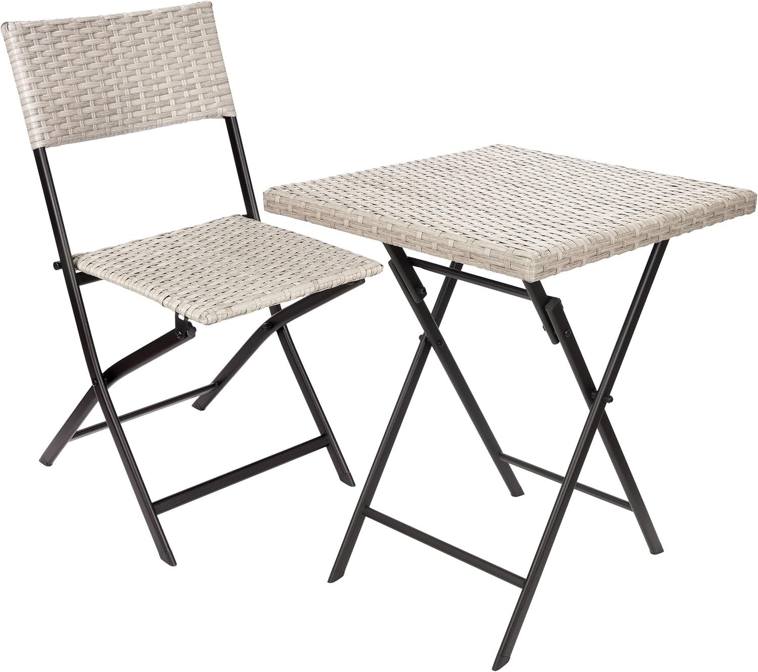 BRUBAKER Balkonset Lugano mit Tisch und Stühlen - Wetterfest klappbar und platzsparend, (Grau/Beige, 1-tlg., Bistroset mit Klappstühlen), Polyrattan Balkonmöbel Set - Sitzgruppe für Balkon Terrasse