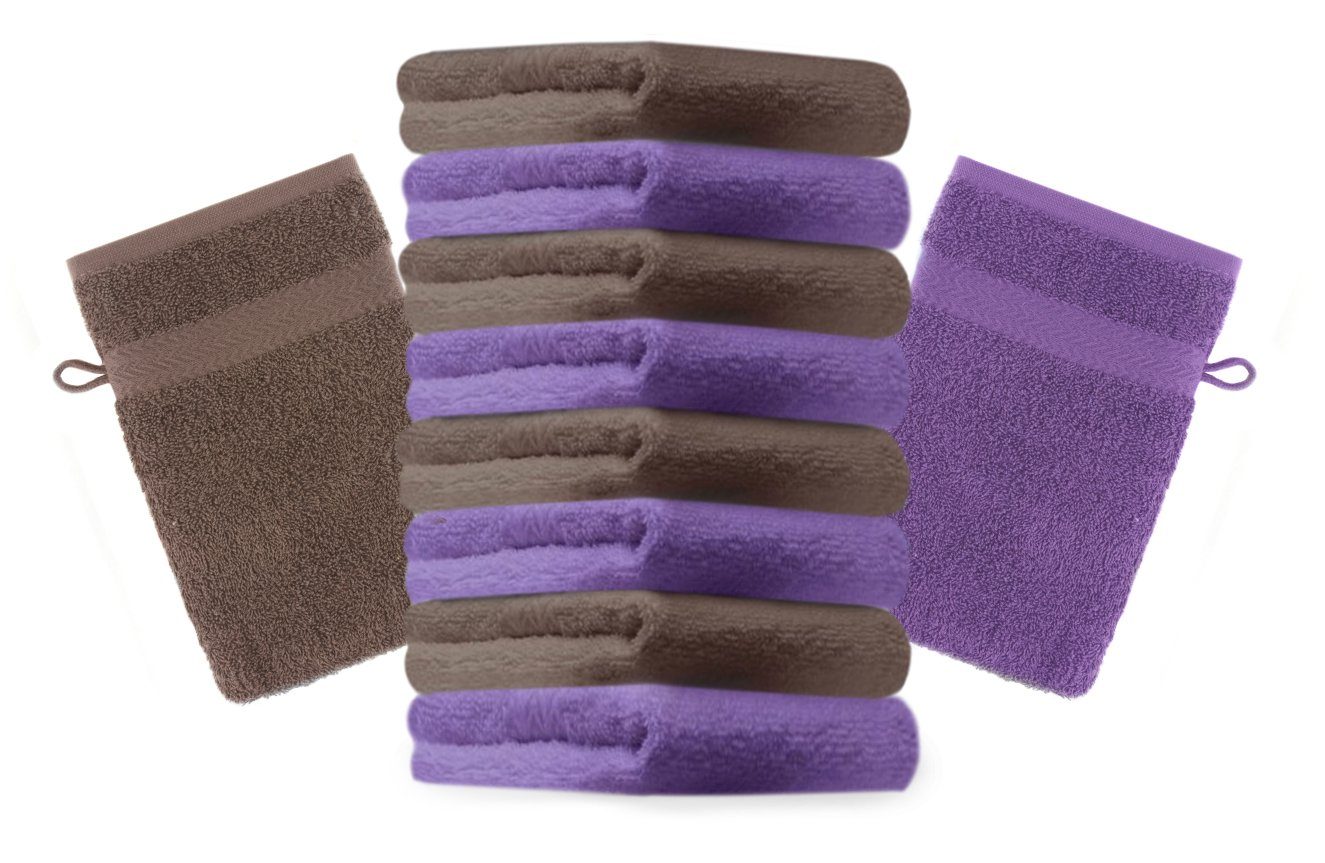 Betz Waschhandschuh 10 Stück Waschhandschuhe Premium 100% Baumwolle Waschlappen Set 16x21 cm Farbe lila und nussbraun