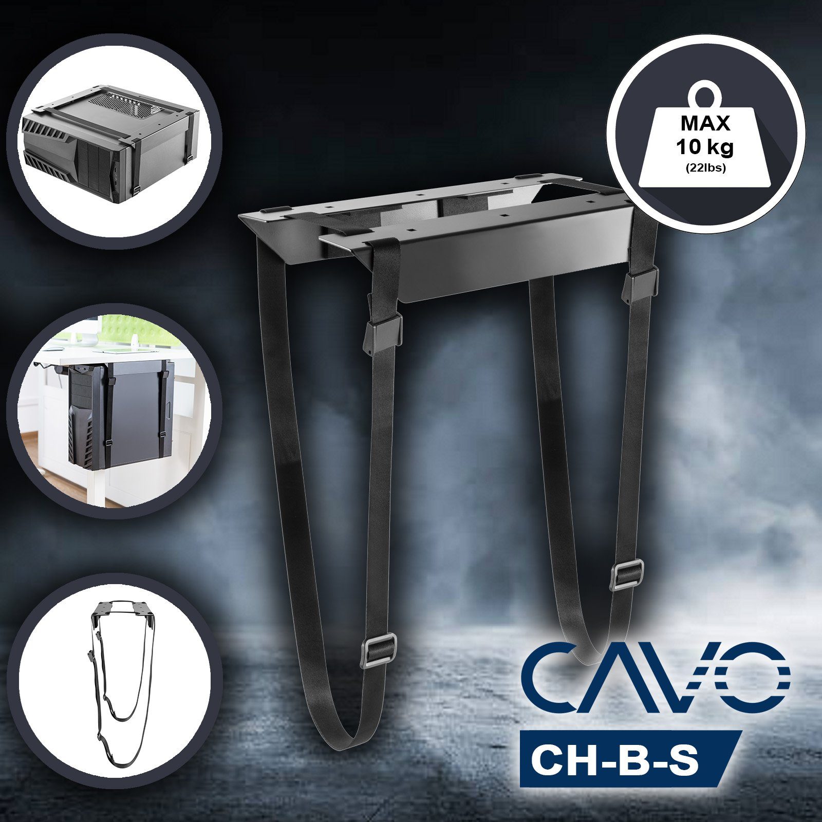 CAVO Halterung Desktop PC-Halterung CH-B mit reißfesten Gurten, (Computerhalter für alle PC-Größen bis 10 kg Gewicht, schwarz) – Bild 2 von 5