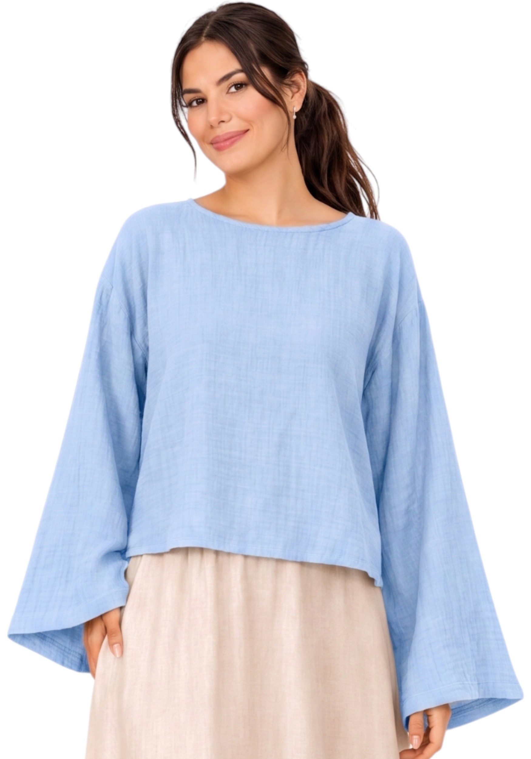 WENOR Schlupfbluse Damen Musselin Einheitsgröße – Oversize Sommerbluse 36-40 weite Fledermausärmel, luftig & locker – Baumwoll-Layering Sommerbluse