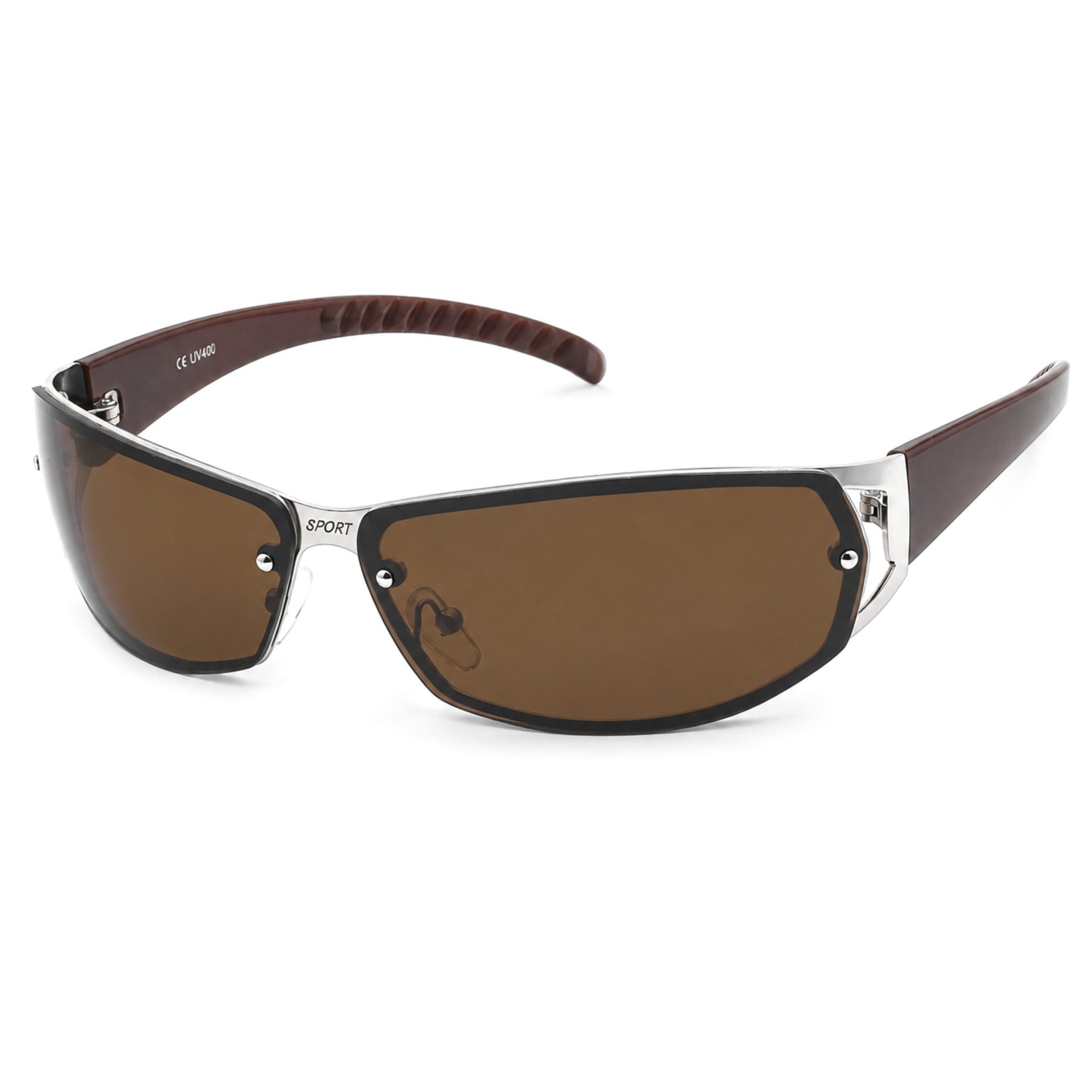 Rennec Sonnenbrille (Raver Biker Techno Brille mit Brillenbeutel) Sportliche Metallbrille Braun Getönt Schnelle Brille
