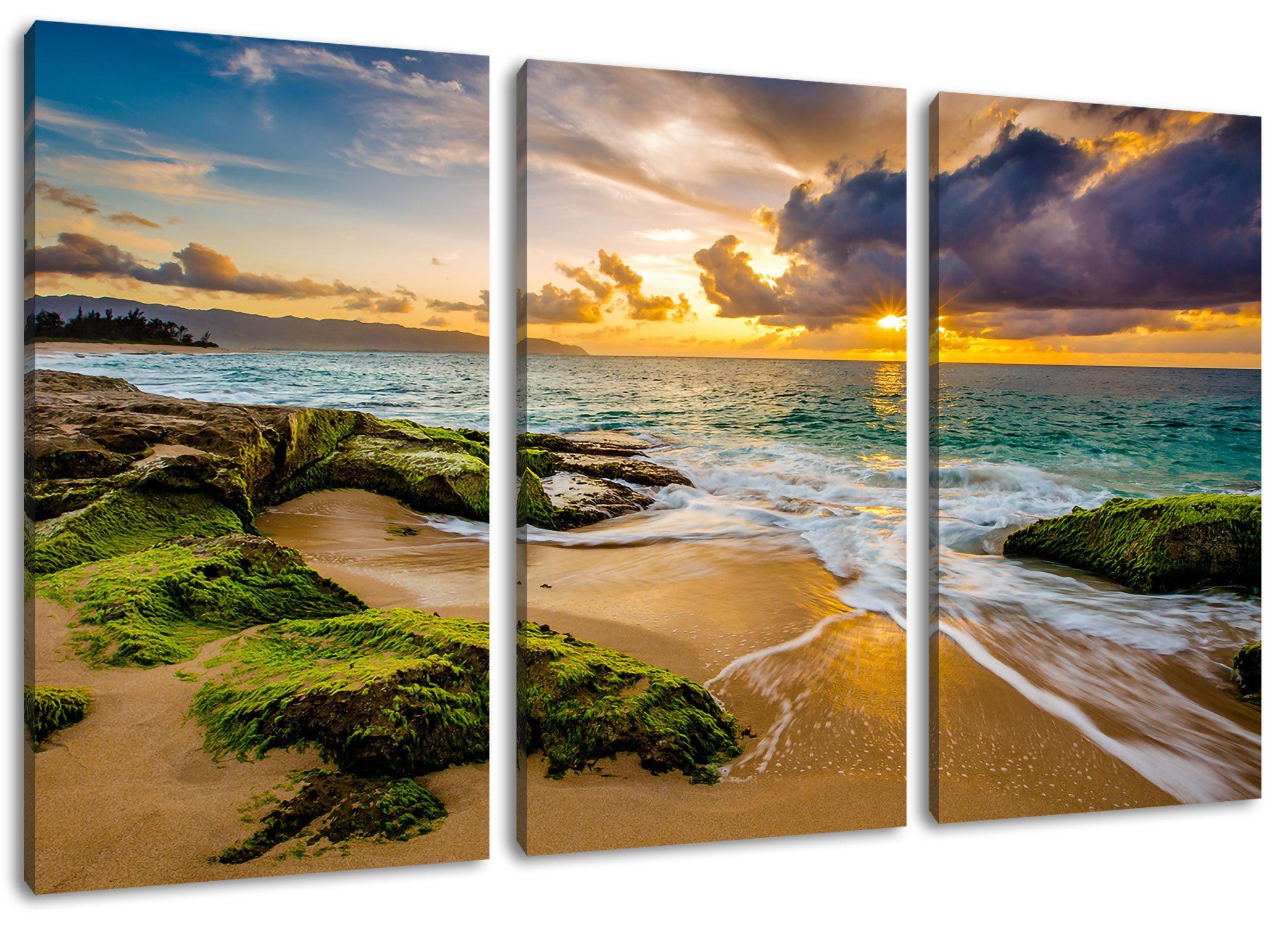 bespannt, Sonnenuntergang St), Hawaii inkl. (120x80cm) Pixxprint 3Teiler (1 Zackenaufhänger Hawaii, Leinwandbild auf auf fertig Sonnenuntergang Leinwandbild