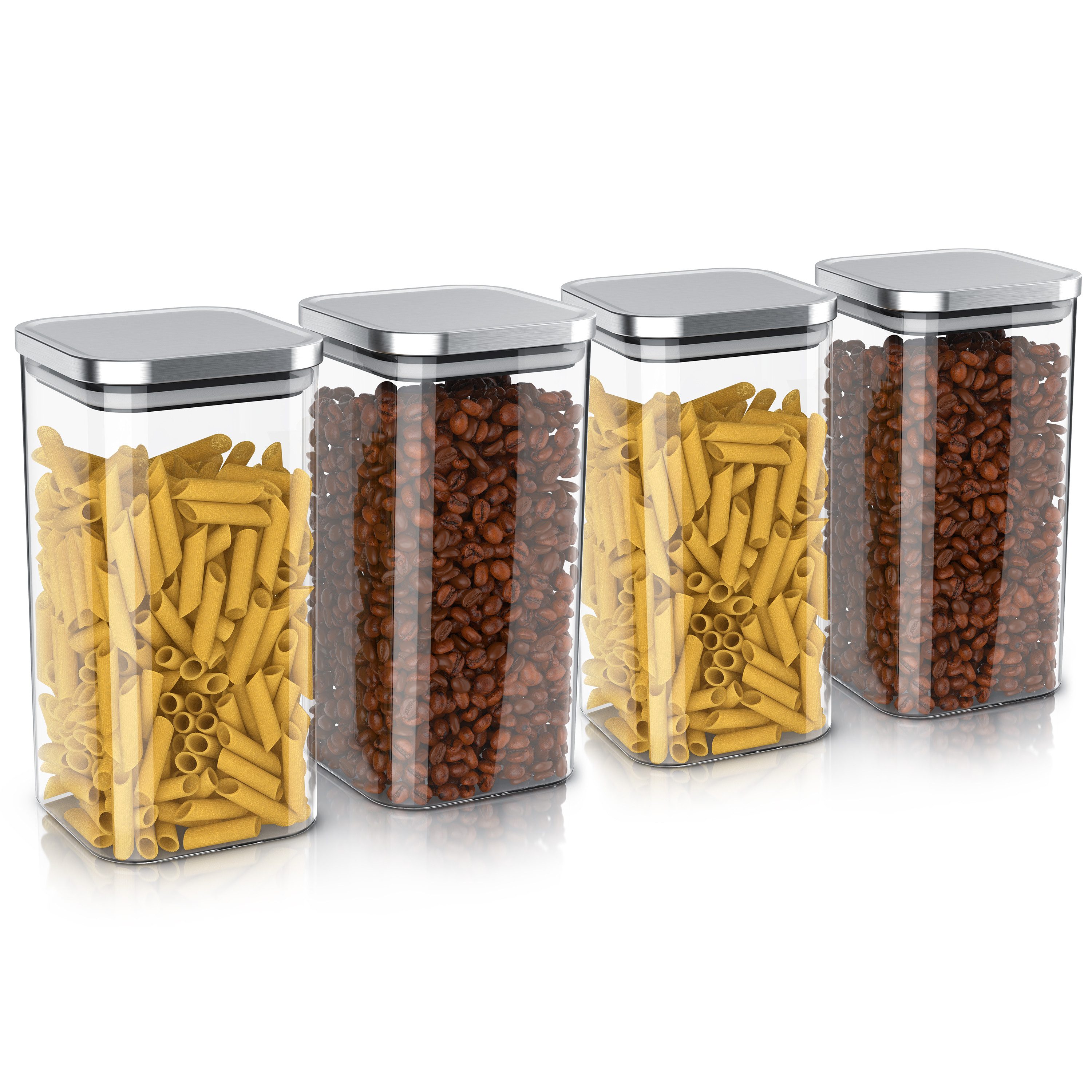 Arendo Aufbewahrungsbecher Glasbehälter-Set 4x 1,65 L Borosilikatglas mit Edelstahldeckel, Borosilikatglas, Edelstahl, Silikon, (Vorratsbehälter-Set, 4-tlg., 4er Set), Hitzebeständig, umweltfreundlich, langlebig, mikrowellengeeignet