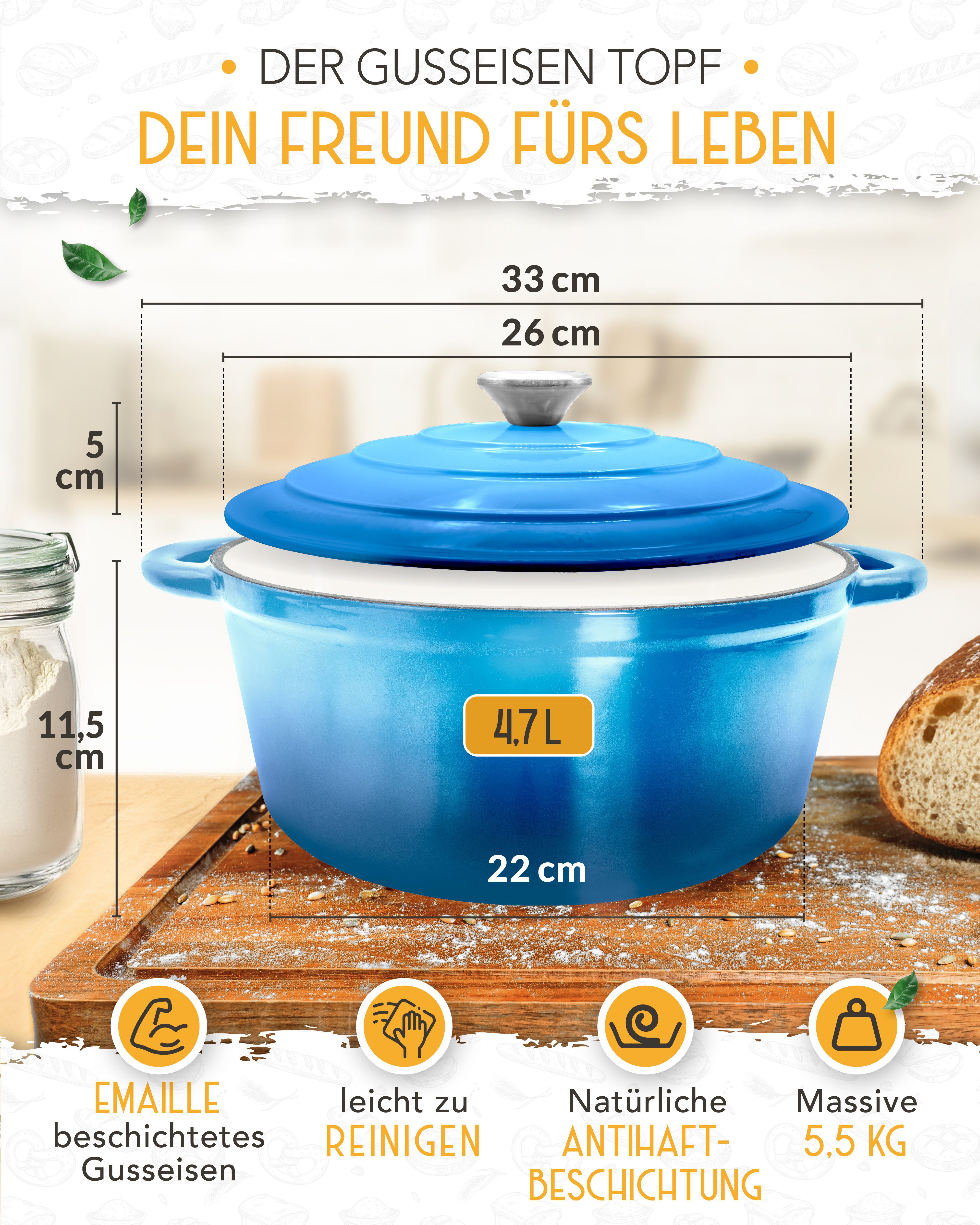 Krustenzauber Kasserolle Gusseisen Topf als Kochtopf, Schmortopf oder Brotbackform – Bild 4 von 5