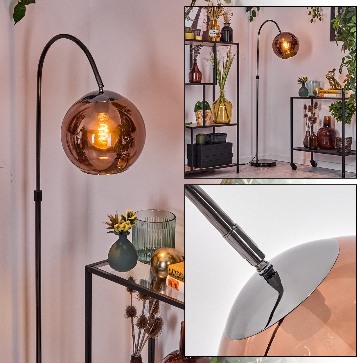 Stehlampe Stehlampe aus Metall/Glas in Schwarz/Chrom/Kupfer im Retro-Design
