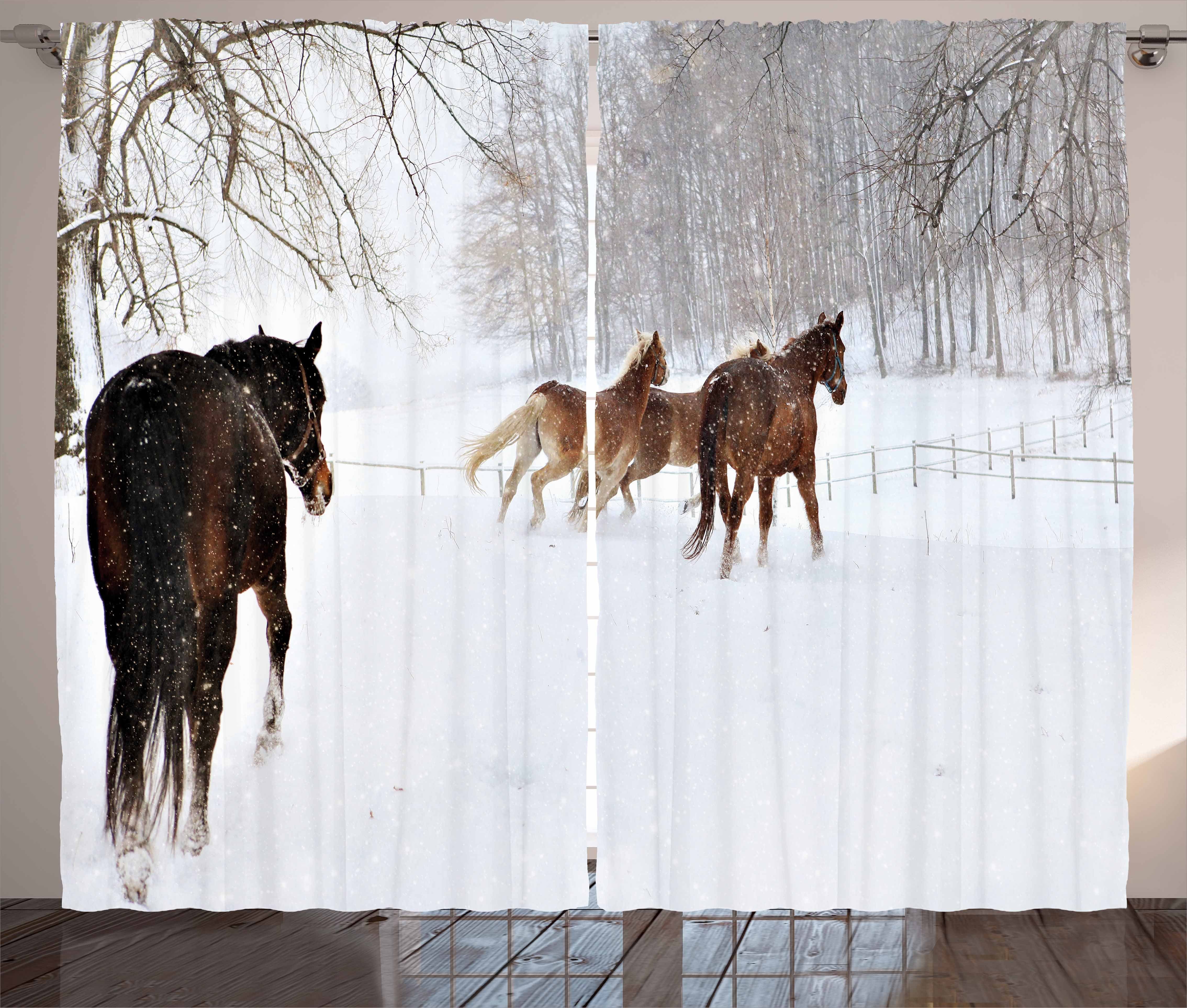 Gardine Schlafzimmer Kräuselband Vorhang mit Schlaufen und Haken, Abakuhaus, Winter Pferde in der verschneiten Wald