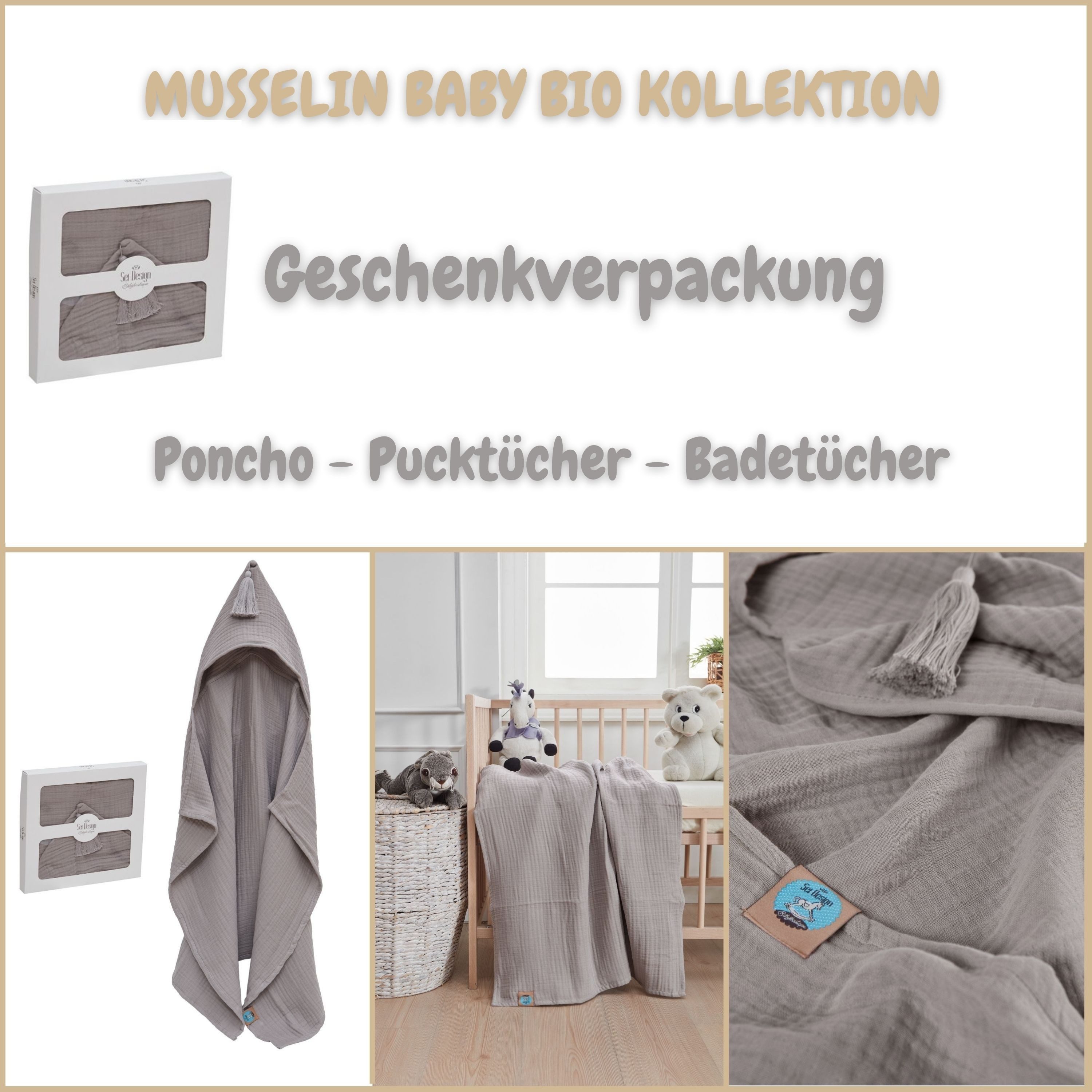 SEI Design Kapuzenhandtuch 75x100 Badeponcho stone-grey, Musselin (1-St), Musselin 4-lagig - 100% BIO Baumwolle – Bild 3 von 5